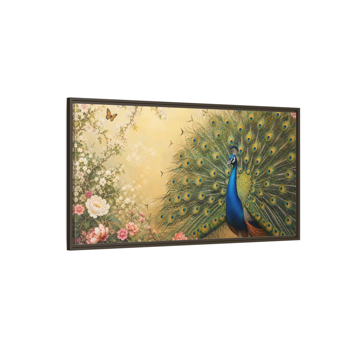 Side Mockup 4. Nature Peacock Blue Peacock shown as stretched canvas wall art