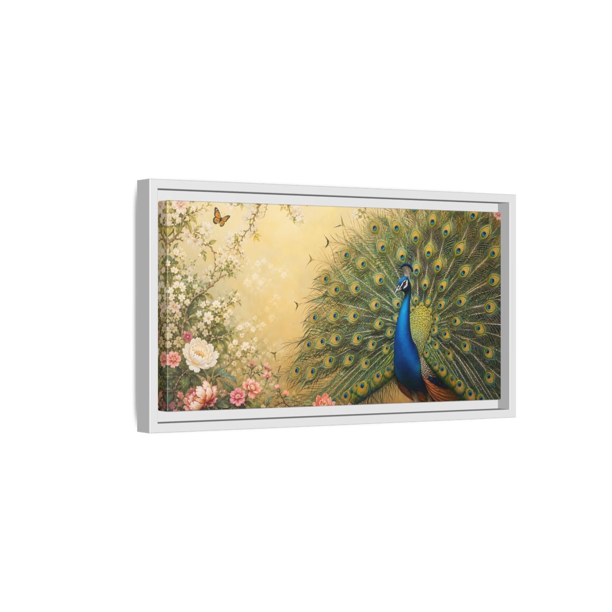 Side Mockup 6. Nature Peacock Blue Peacock shown as stretched canvas wall art