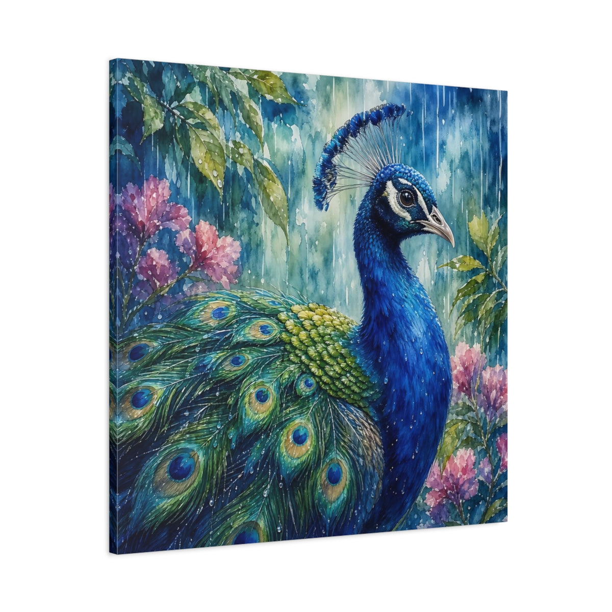 Main Mockup. Nature Peacock Blue Peacock shown as stretched canvas wall art