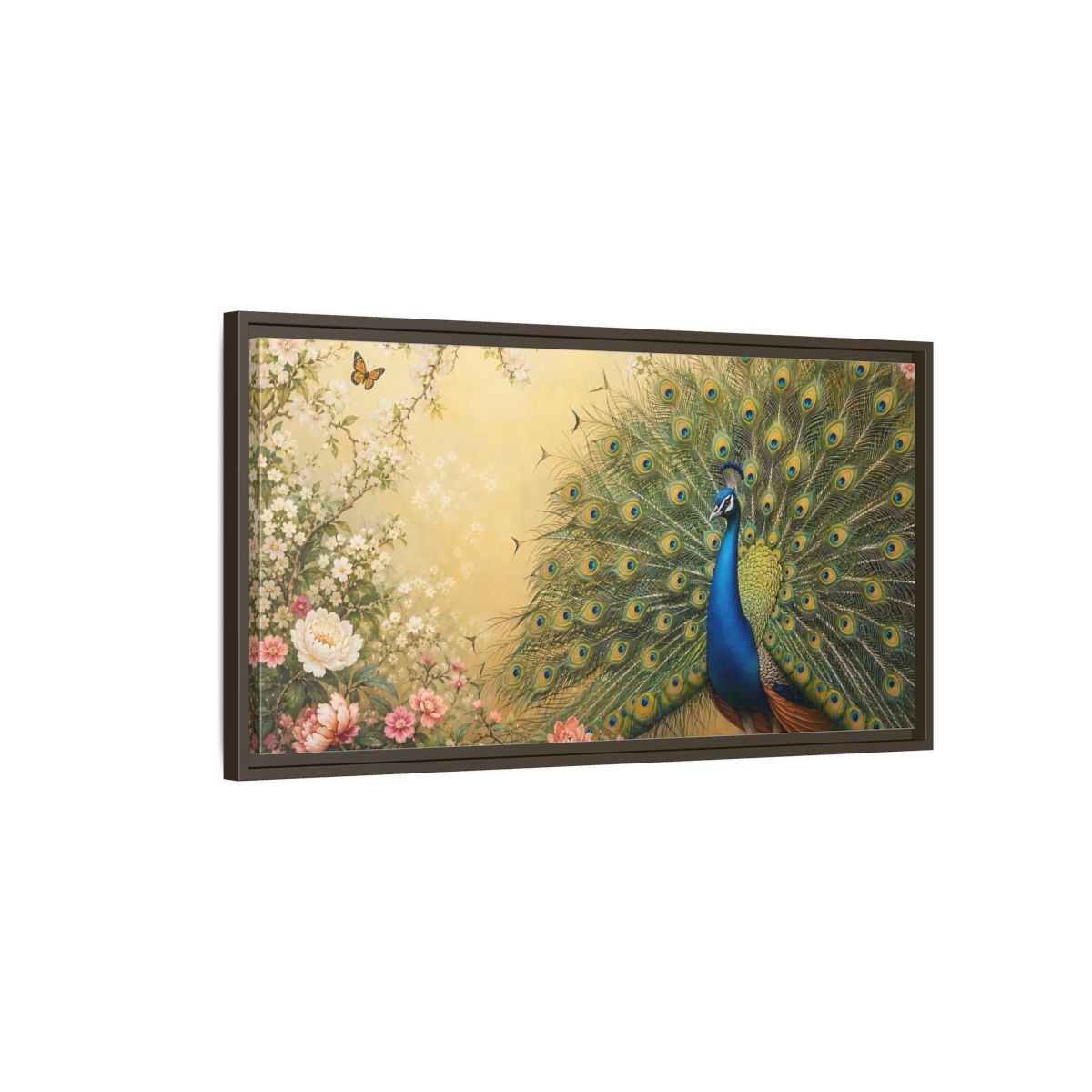 Main Mockup. Nature Peacock Blue Peacock shown as stretched canvas wall art