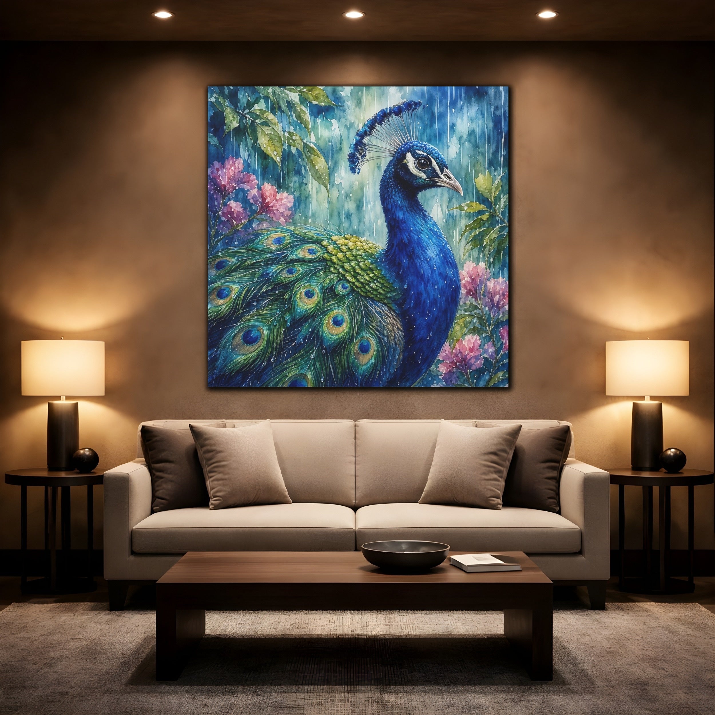 Mockup 2. Nature Peacock Blue Peacock shown as stretched canvas wall art