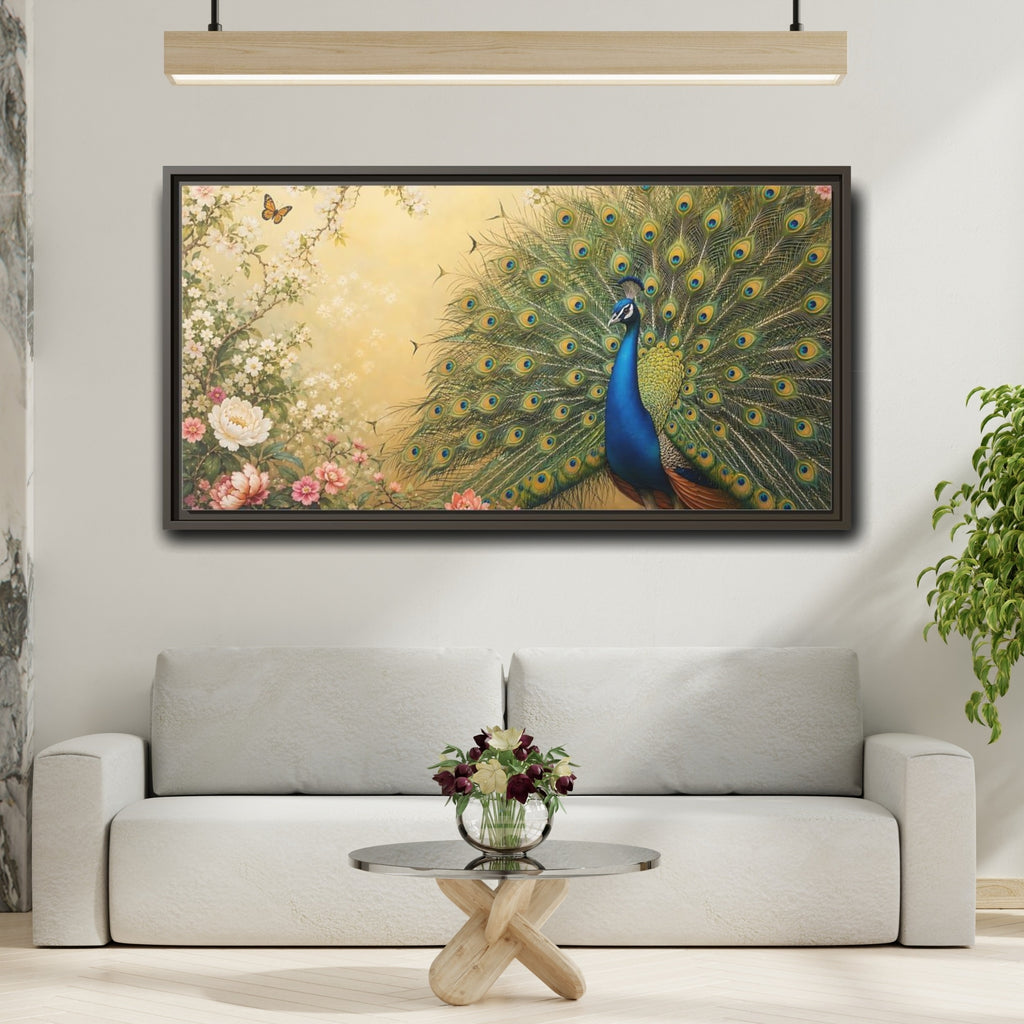 Mockup 2. Nature Peacock Blue Peacock shown as stretched canvas wall art
