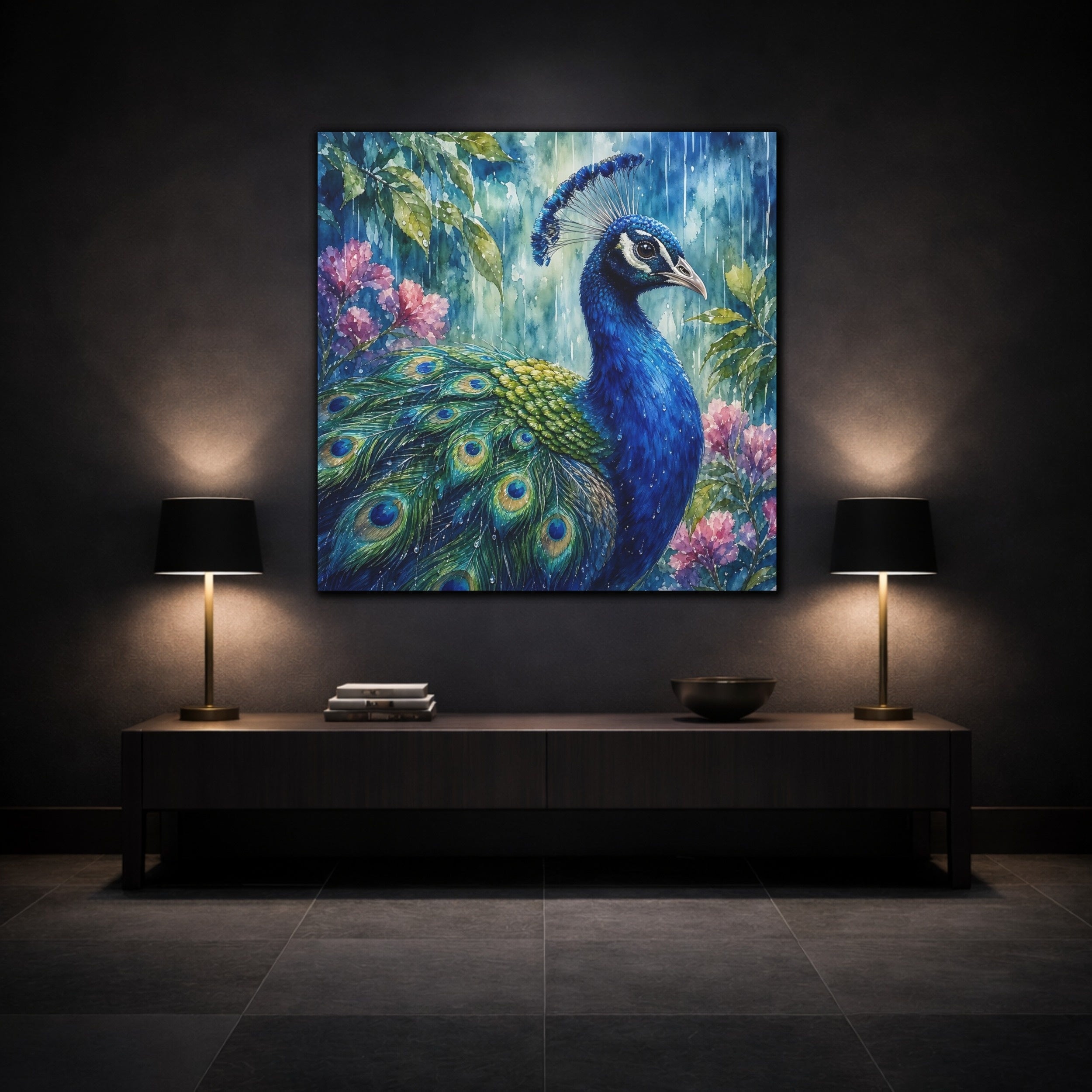 Mockup 3. Nature Peacock Blue Peacock shown as stretched canvas wall art