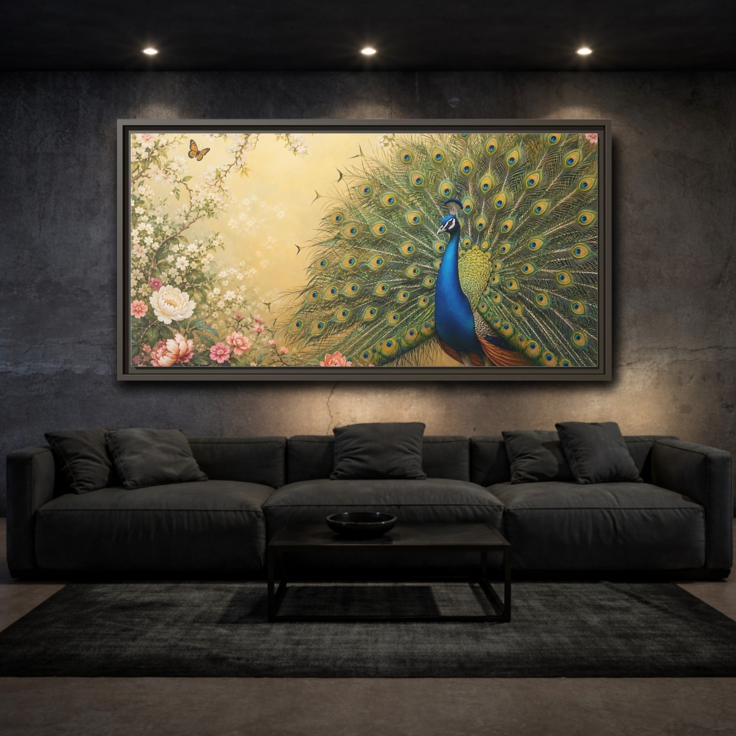 Mockup 3. Nature Peacock Blue Peacock shown as stretched canvas wall art
