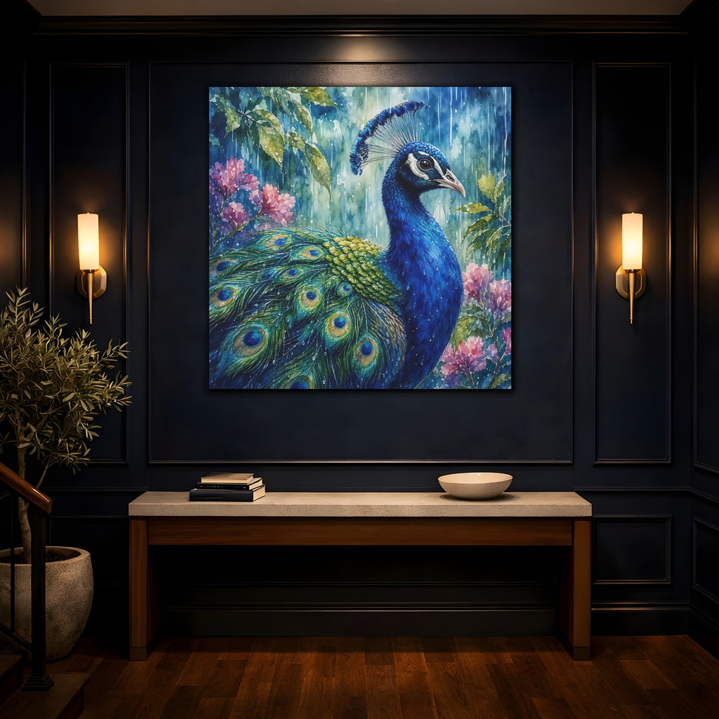 Mockup 4. Nature Peacock Blue Peacock shown as stretched canvas wall art