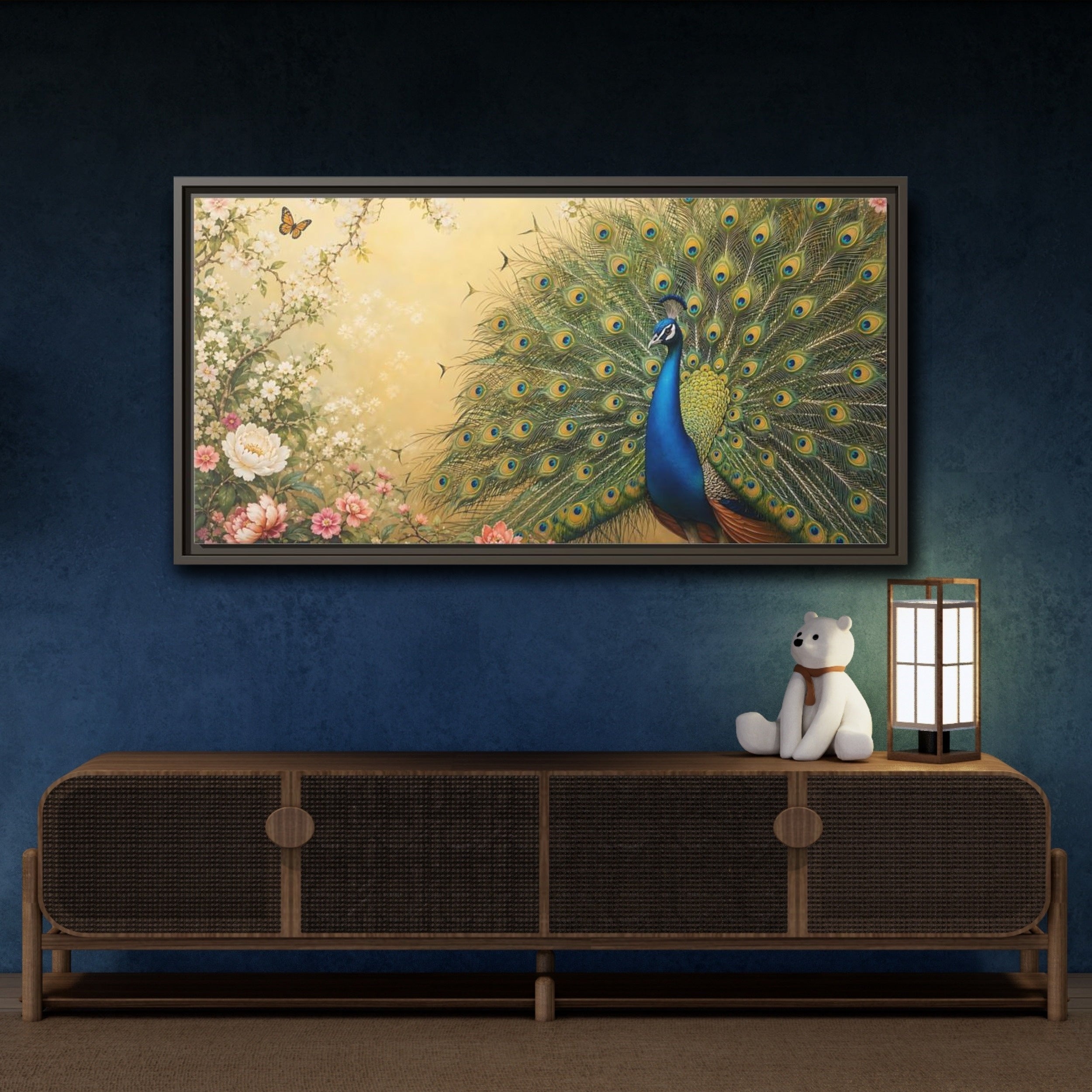 Mockup 4. Nature Peacock Blue Peacock shown as stretched canvas wall art