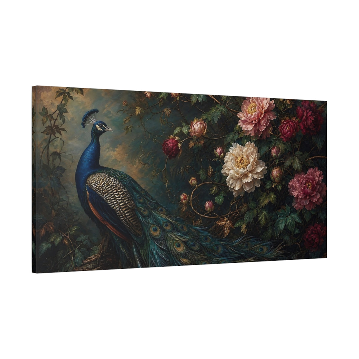 Main Mockup. Nature Peacock Peacock Floral shown as stretched canvas wall art