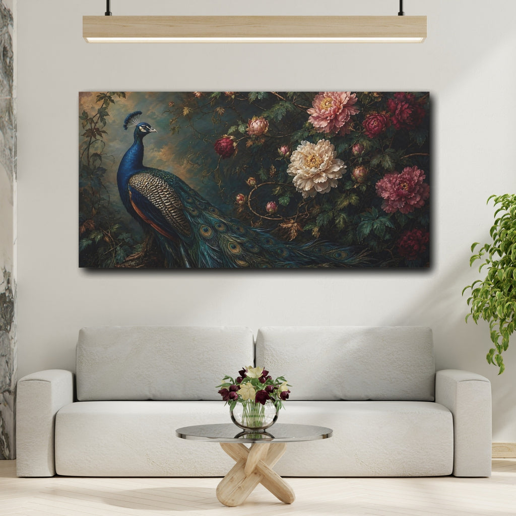 Mockup 2. Nature Peacock Peacock Floral shown as stretched canvas wall art