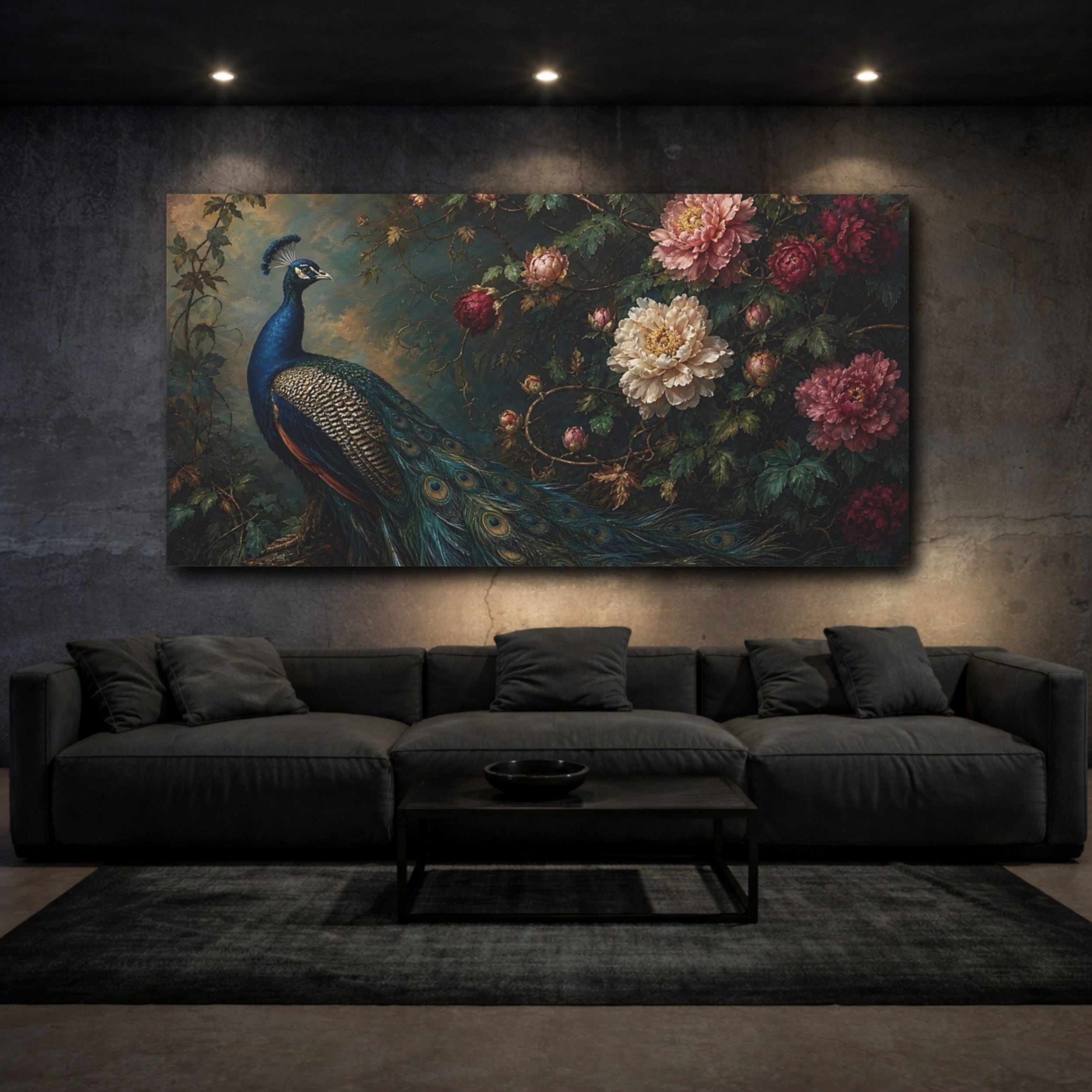 Mockup 3. Nature Peacock Peacock Floral shown as stretched canvas wall art