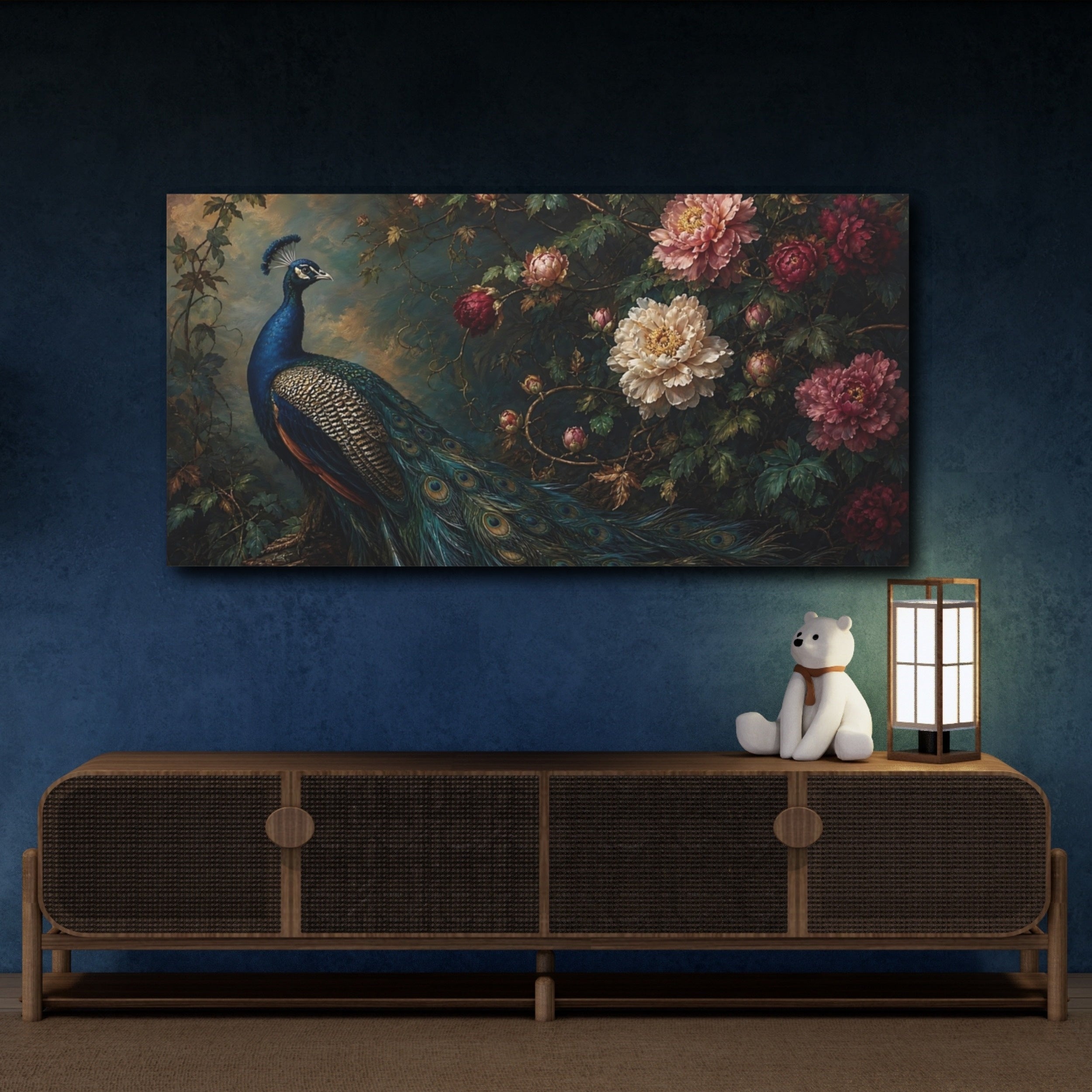 Mockup 4. Nature Peacock Peacock Floral shown as stretched canvas wall art