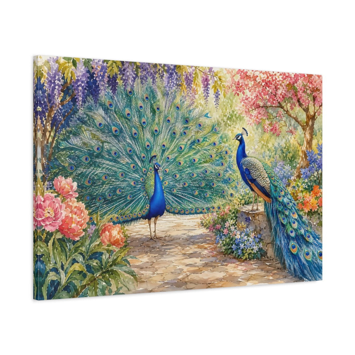 Main Mockup. Nature Peacocks Vibrant Peacock Garden shown as canvas print