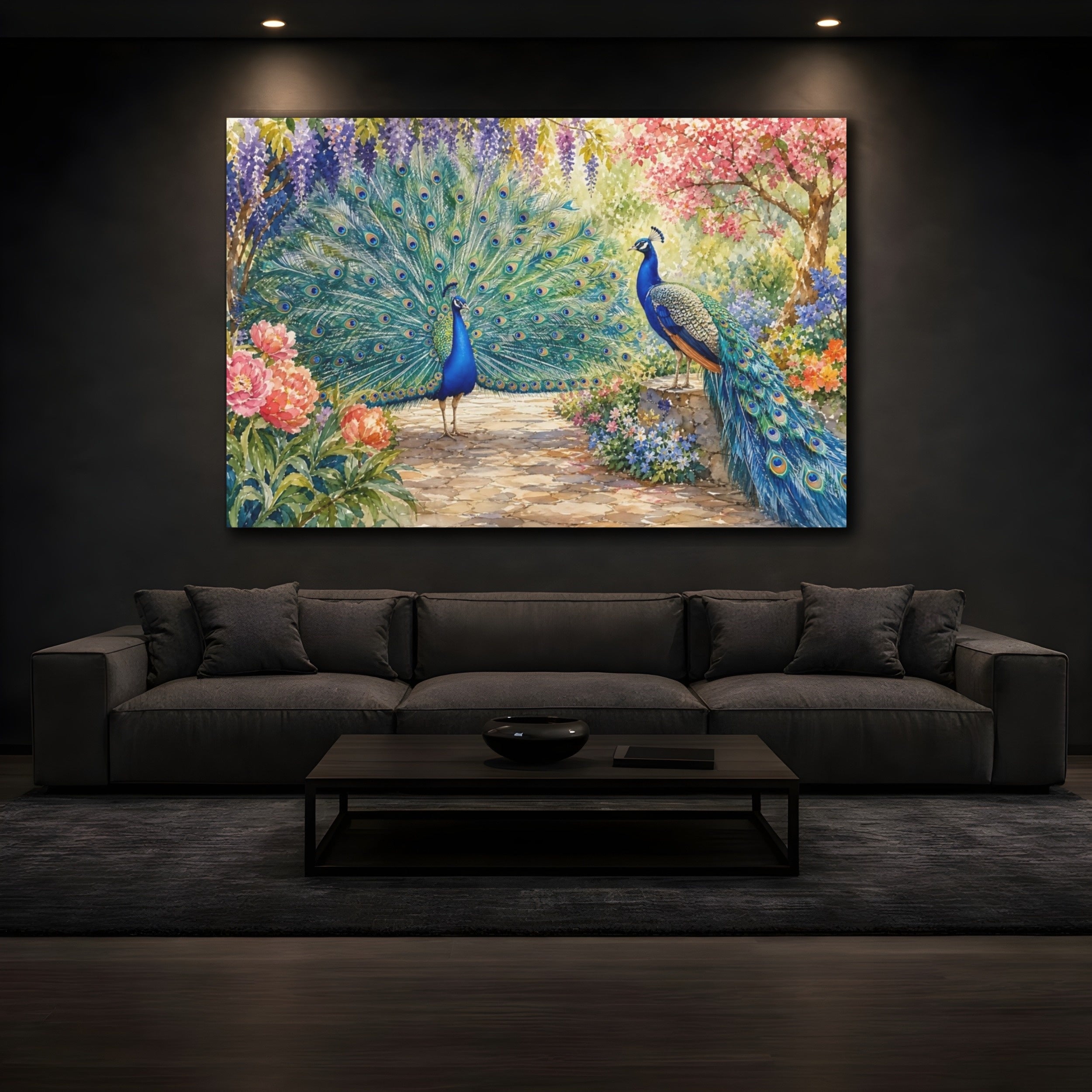 Mockup 3. Nature Peacocks Vibrant Peacock Garden shown as canvas print