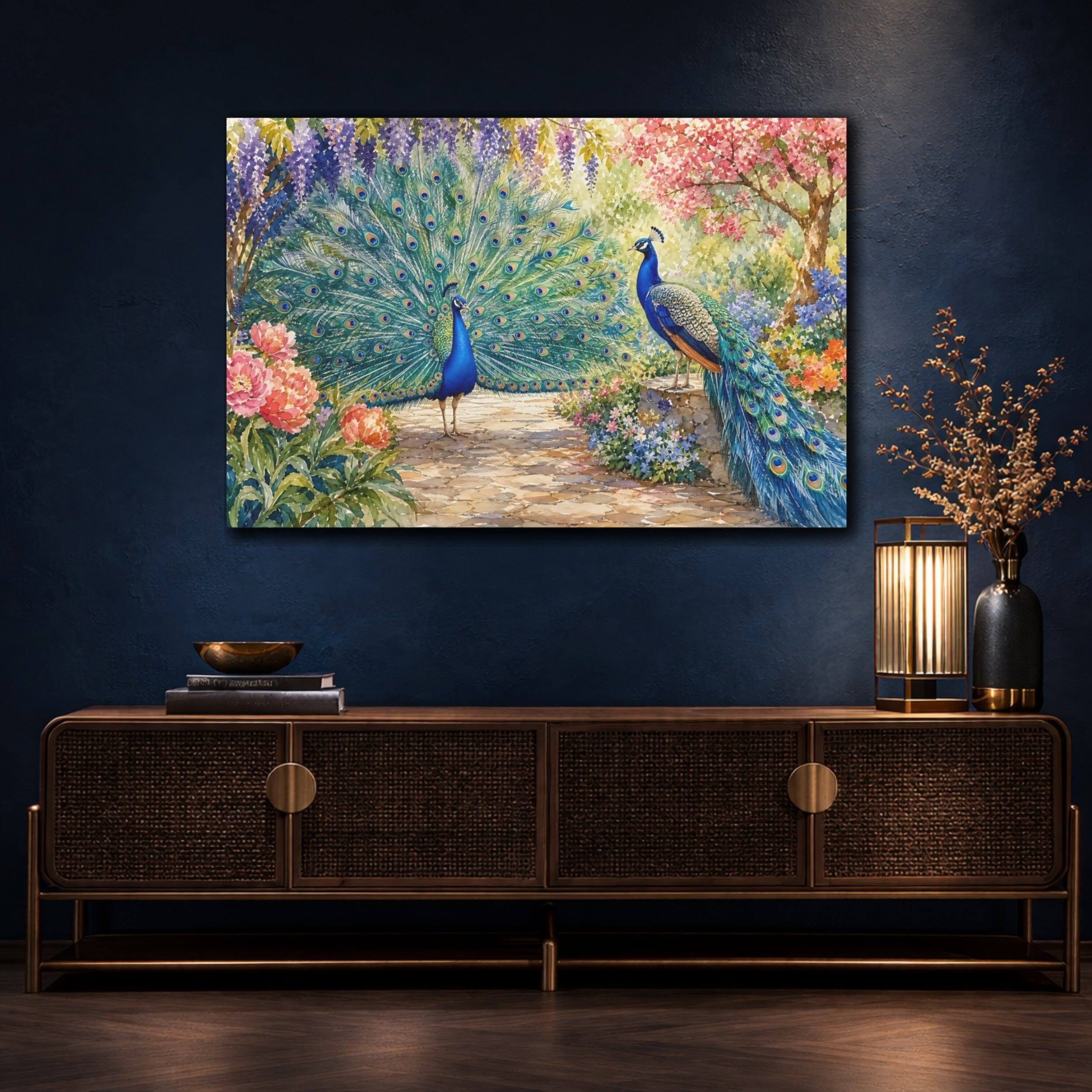 Mockup 4. Nature Peacocks Vibrant Peacock Garden shown as canvas print