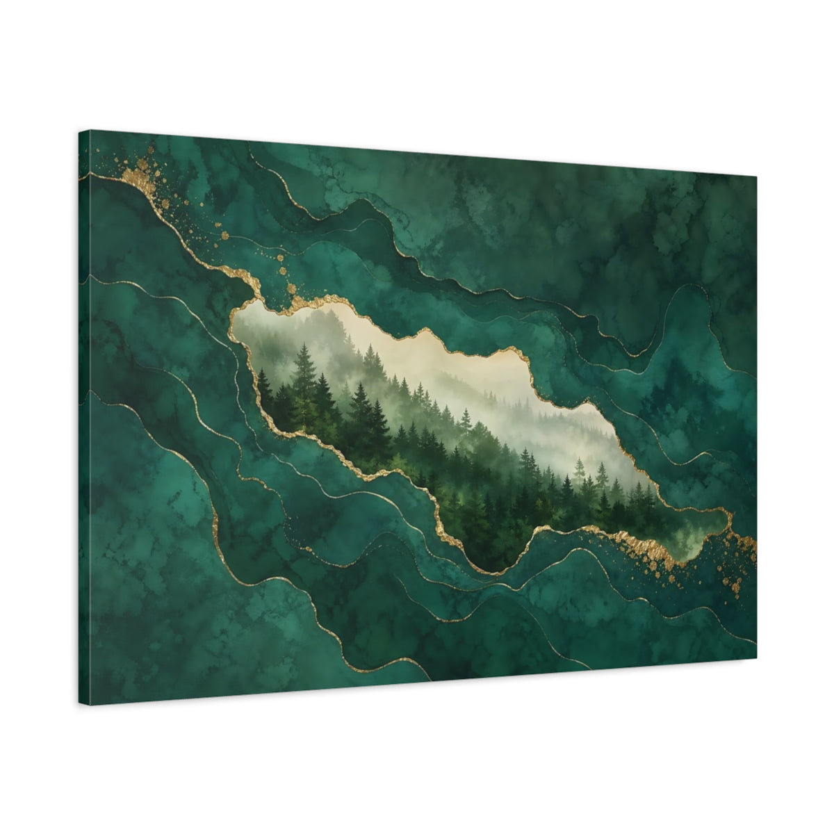 Main Mockup. Nature Pine Forest Green And Gold shown as stretched canvas wall art