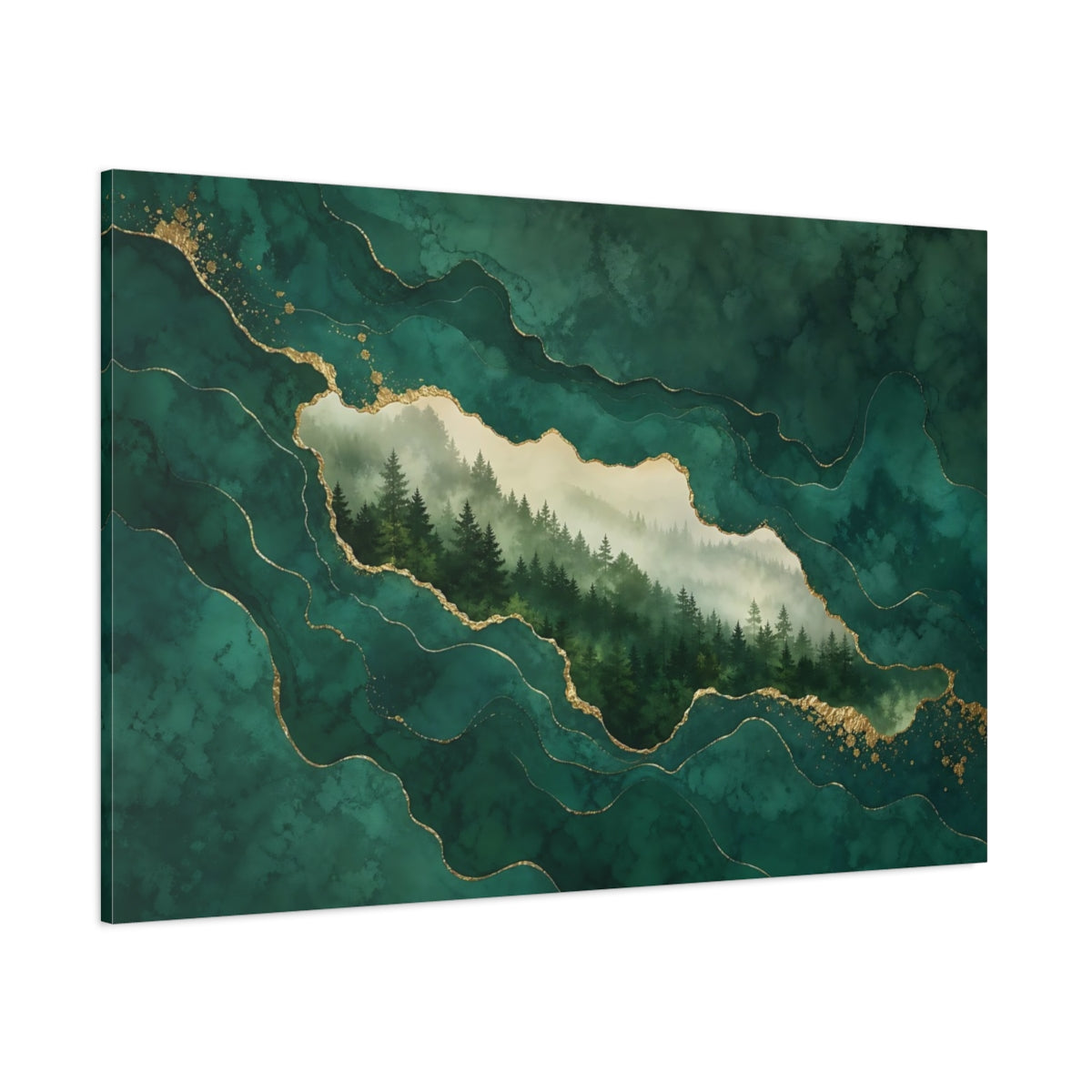 Side Mockup 1. Nature Pine Forest Green And Gold shown as stretched canvas wall art