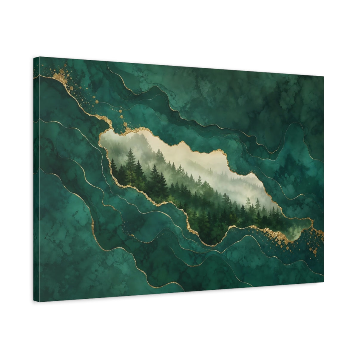 Side Mockup 2. Nature Pine Forest Green And Gold shown as stretched canvas wall art