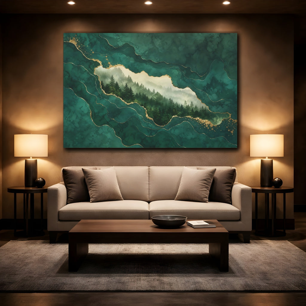 Mockup 2. Nature Pine Forest Green And Gold shown as stretched canvas wall art