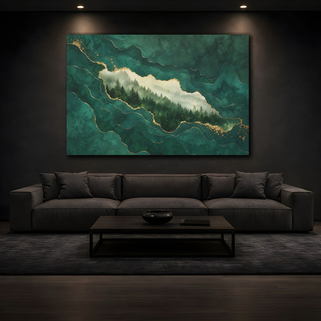 Mockup 3. Nature Pine Forest Green And Gold shown as stretched canvas wall art