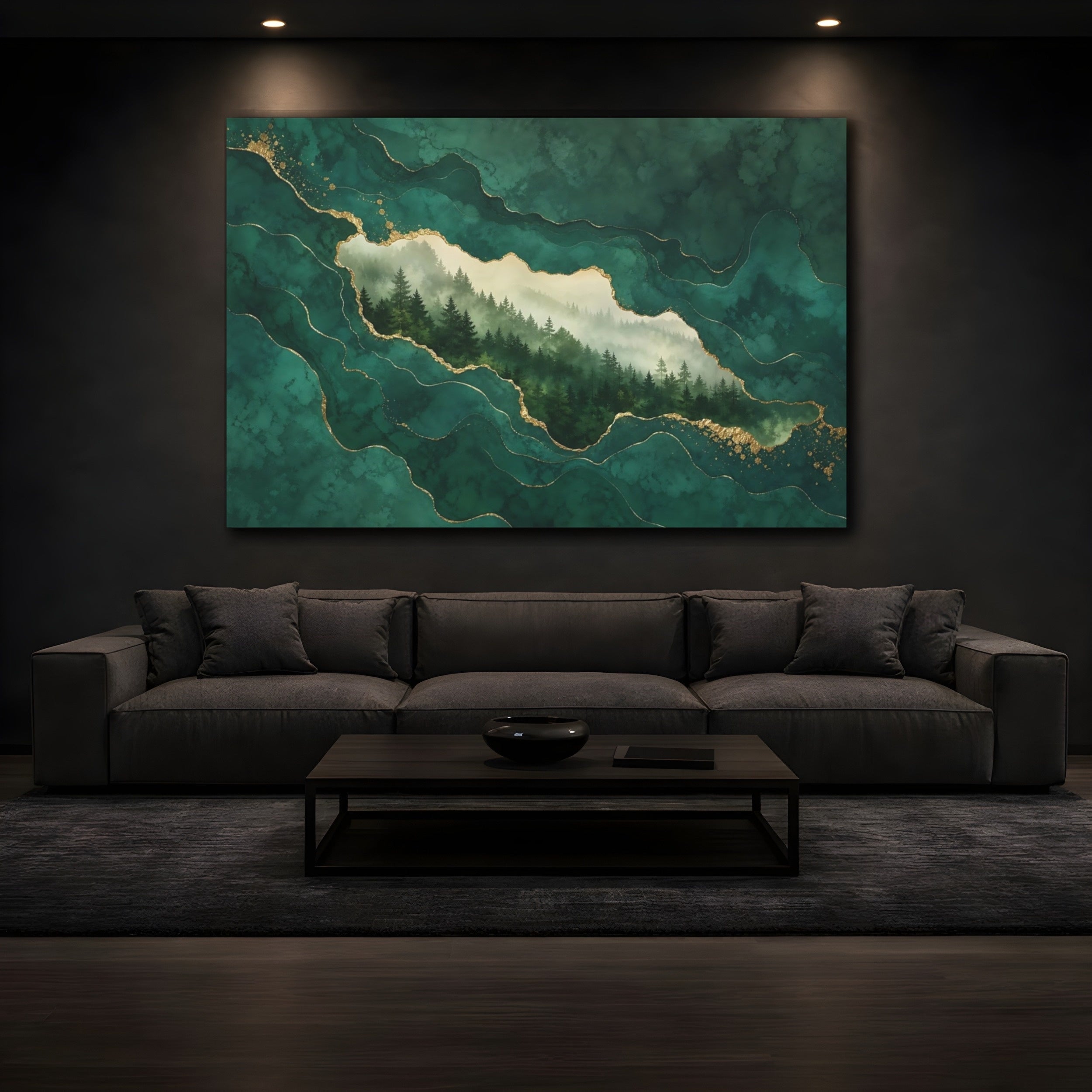 Mockup 3. Nature Pine Forest Green And Gold shown as stretched canvas wall art
