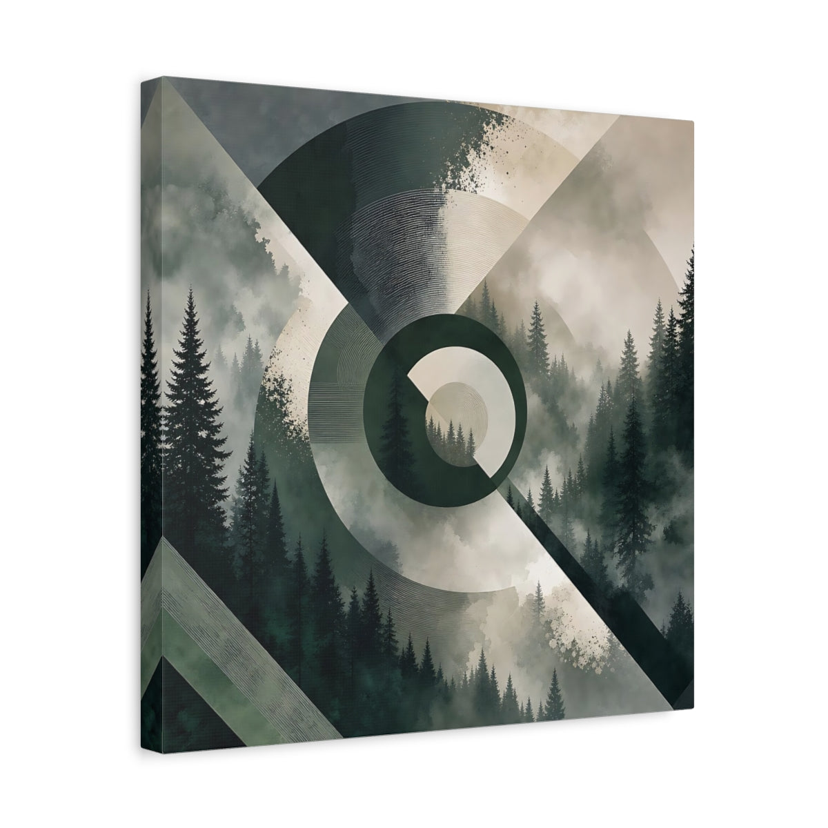Side Mockup 6. Nature Pine Forest Green And Gray Forest shown as stretched canvas wall art