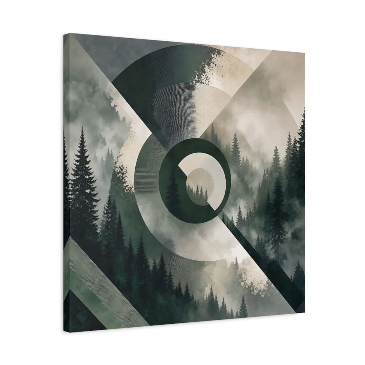 Side Mockup 4. Nature Pine Forest Green And Gray Forest shown as stretched canvas wall art