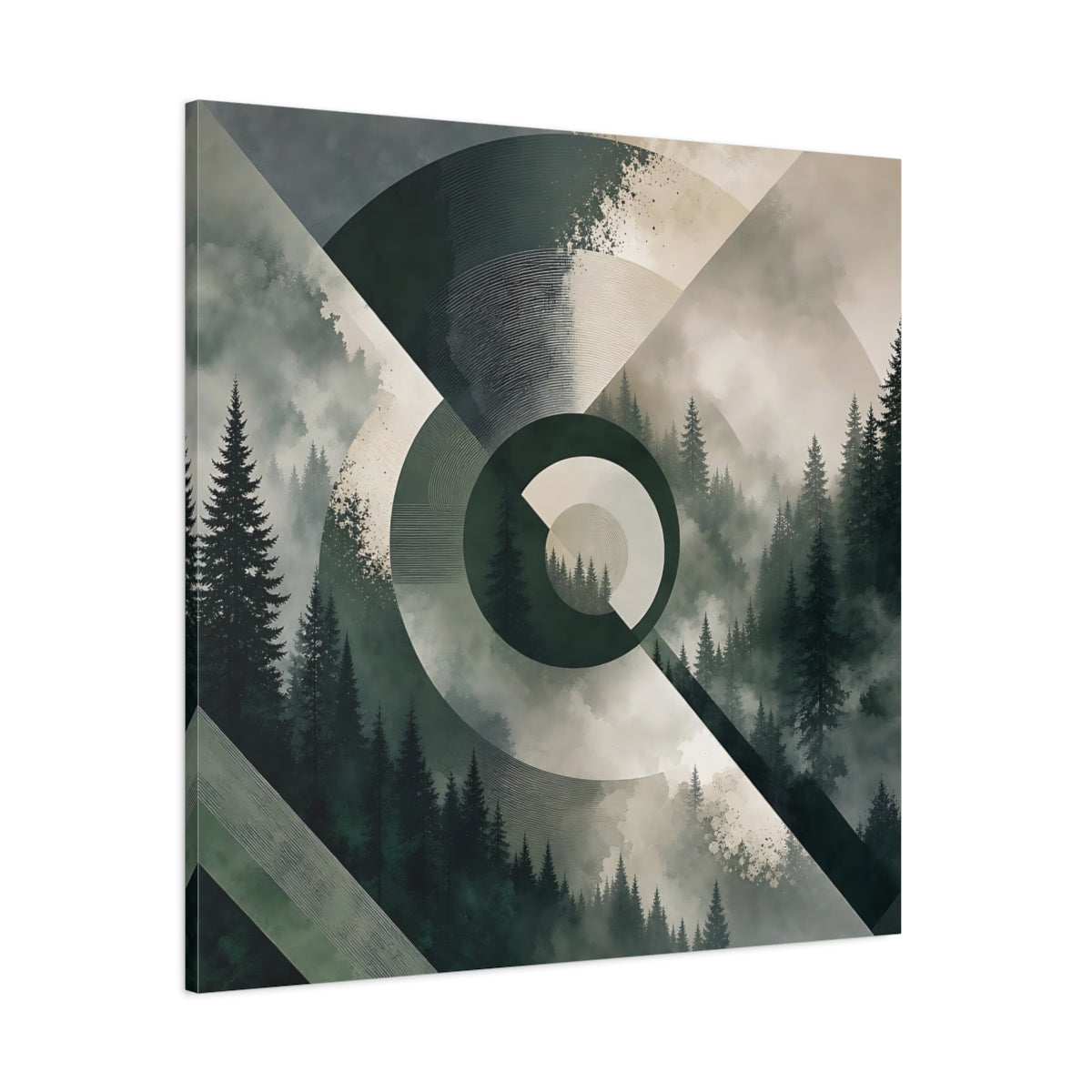 Side Mockup 1. Nature Pine Forest Green And Gray Forest shown as stretched canvas wall art
