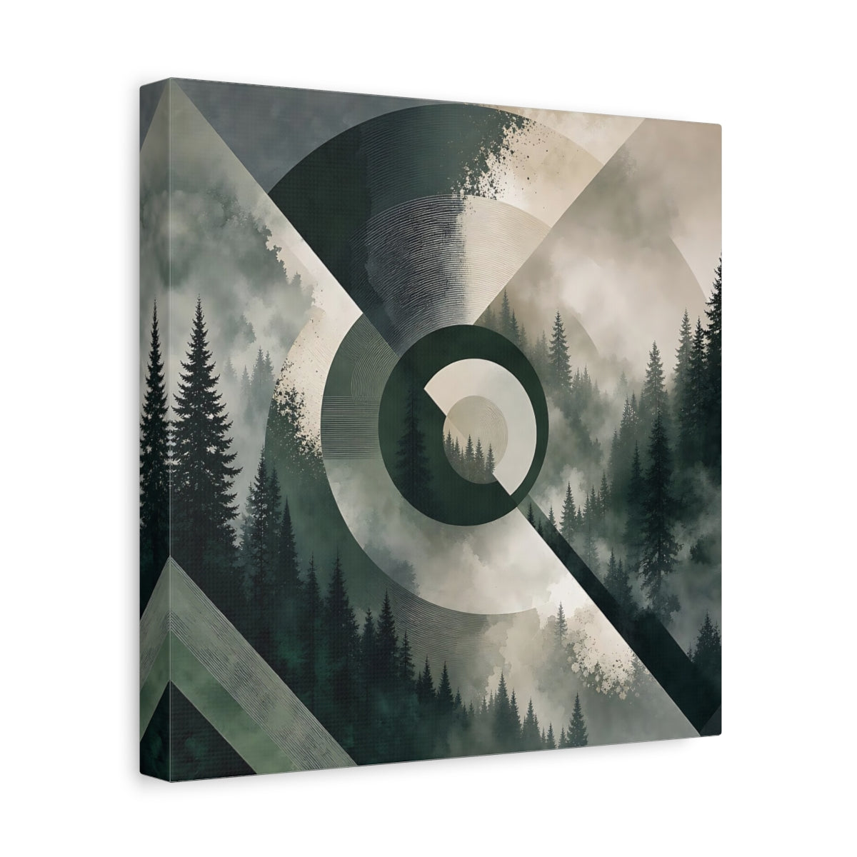 Side Mockup 8. Nature Pine Forest Green And Gray Forest shown as stretched canvas wall art