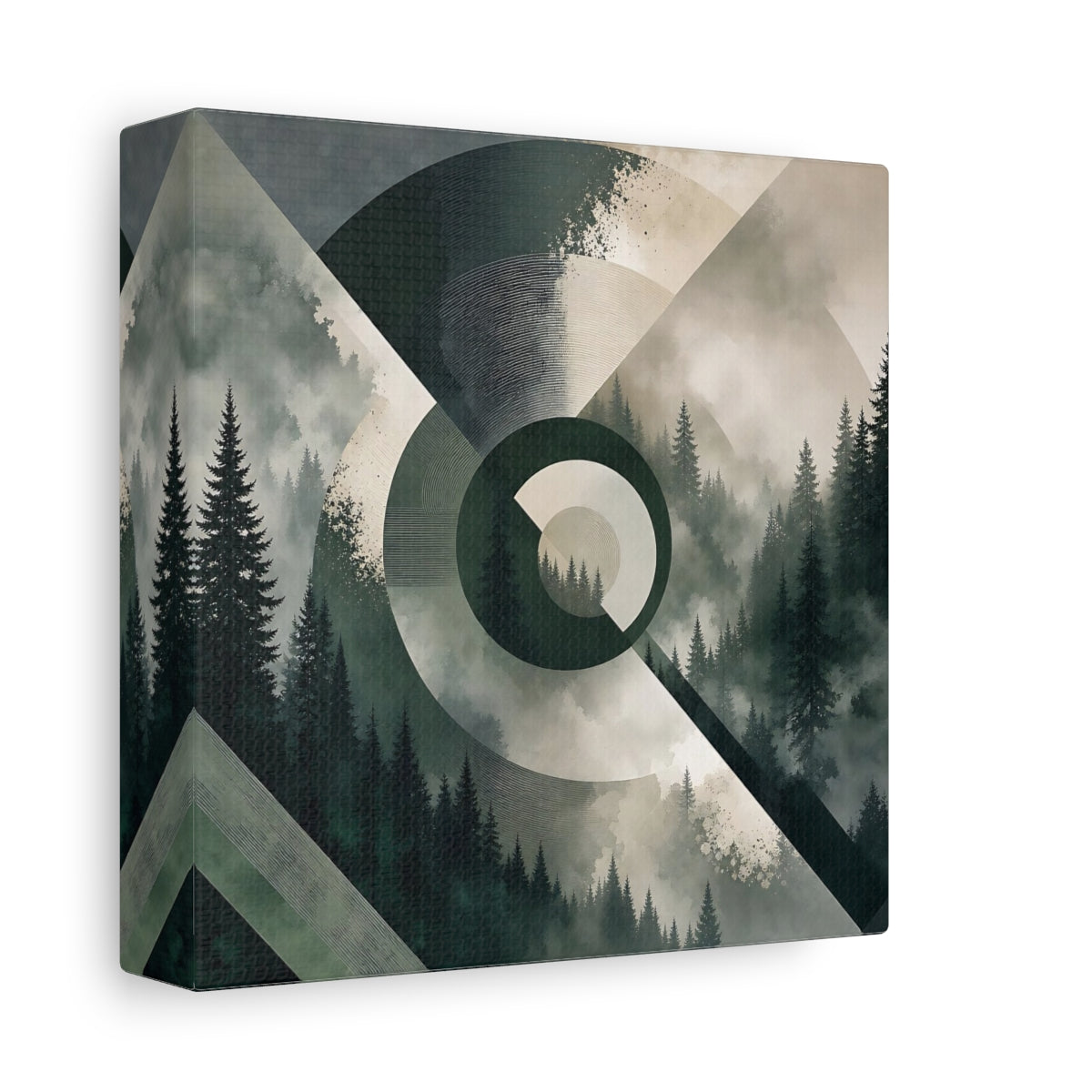 Side Mockup 2. Nature Pine Forest Green And Gray Forest shown as stretched canvas wall art