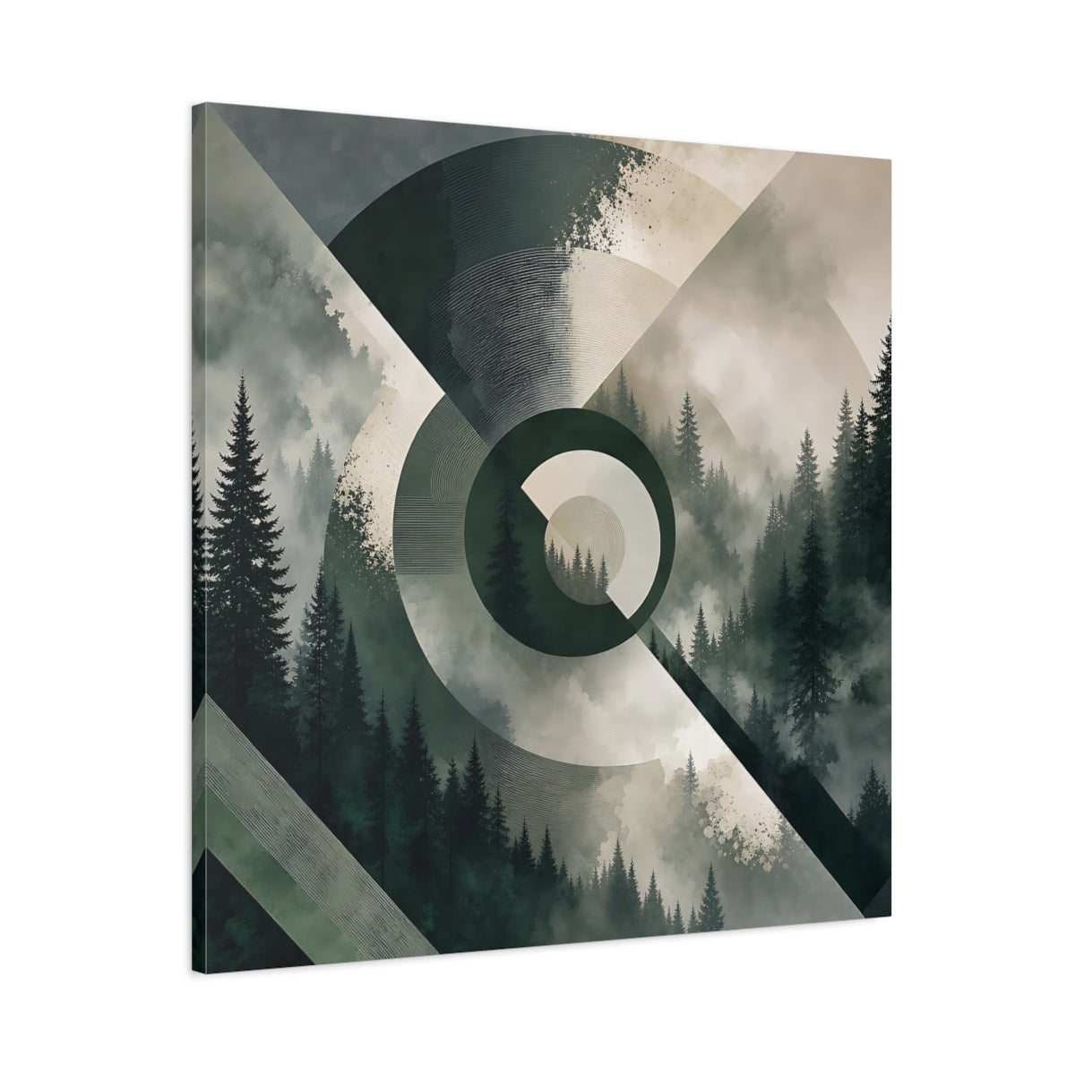 Main Mockup. Nature Pine Forest Green And Gray Forest shown as stretched canvas wall art