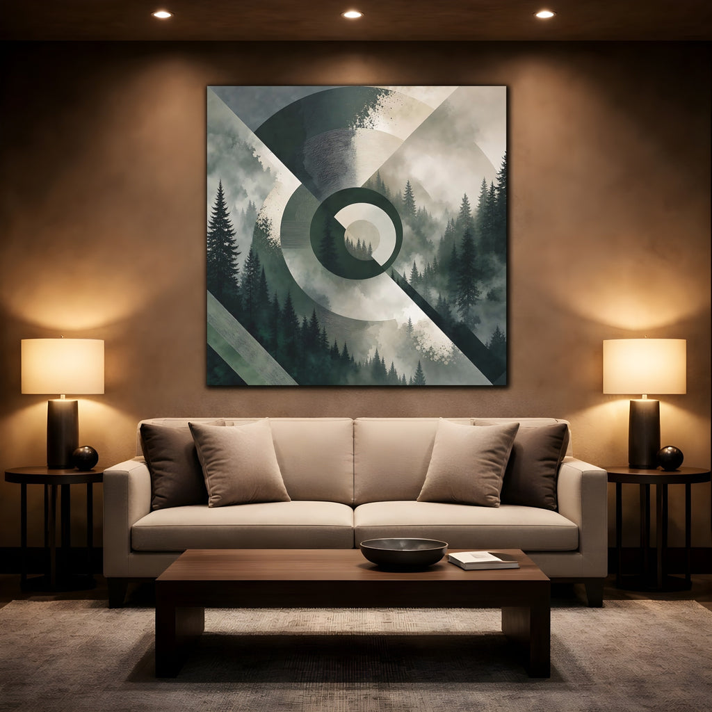 Mockup 2. Nature Pine Forest Green And Gray Forest shown as stretched canvas wall art