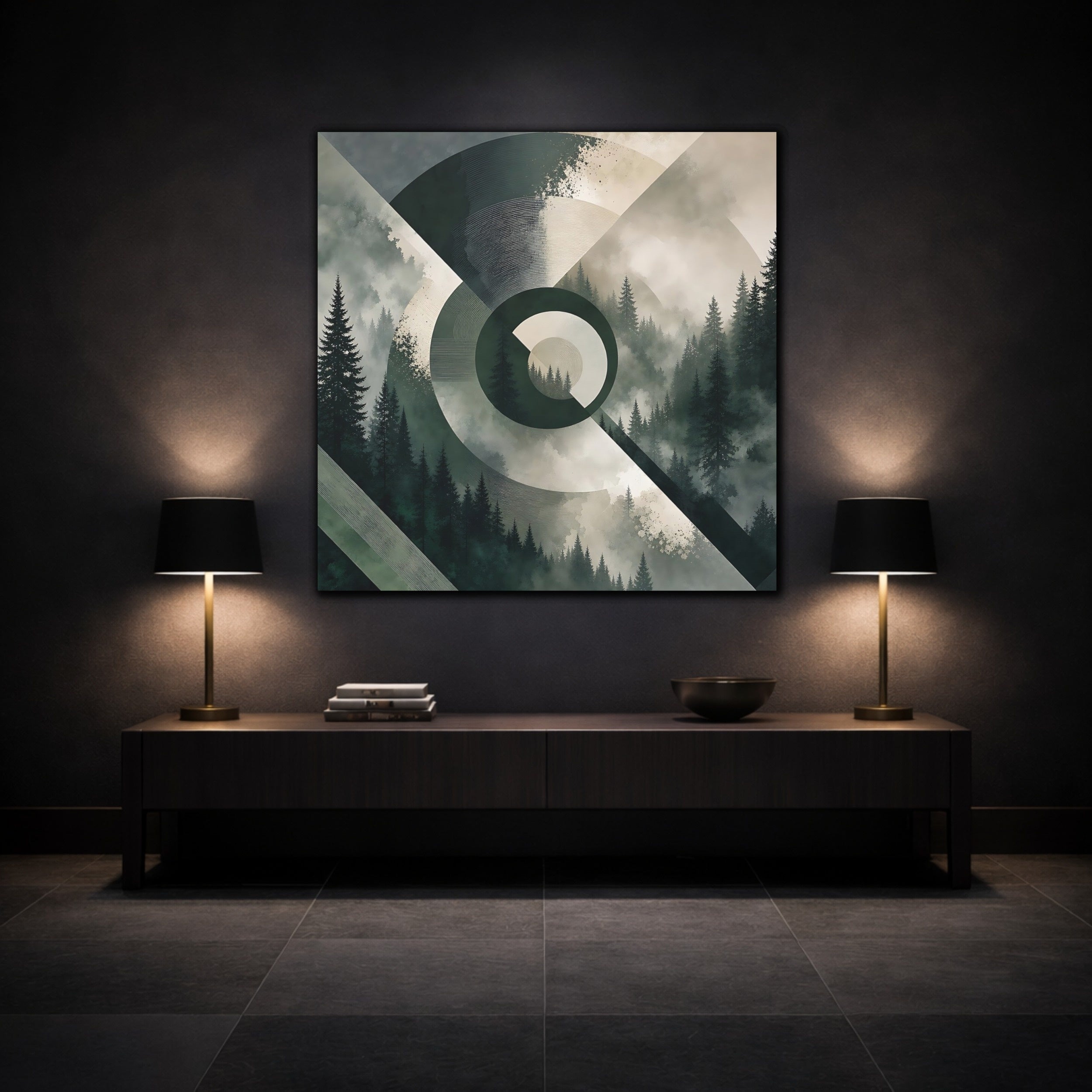 Mockup 3. Nature Pine Forest Green And Gray Forest shown as stretched canvas wall art