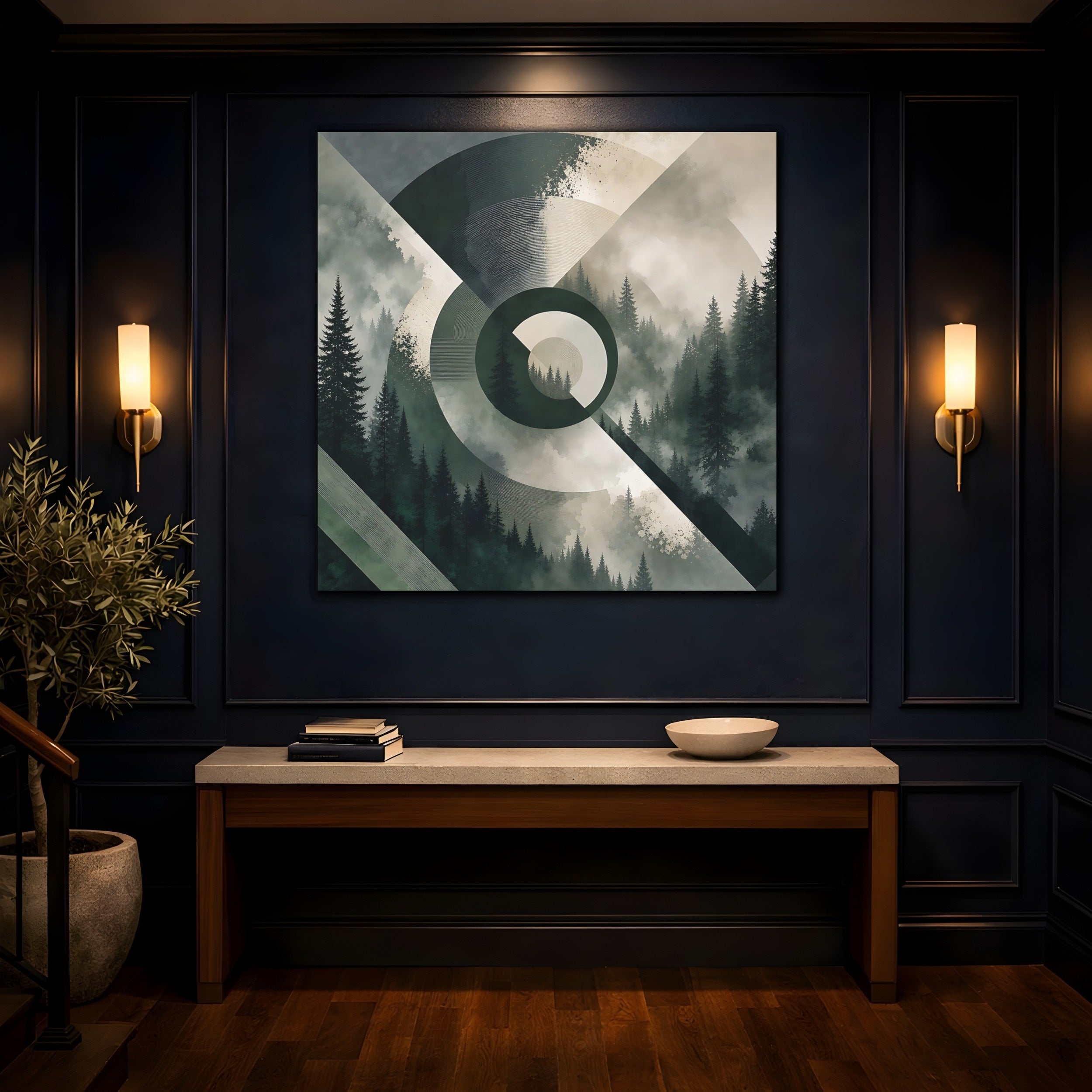 Mockup 4. Nature Pine Forest Green And Gray Forest shown as stretched canvas wall art