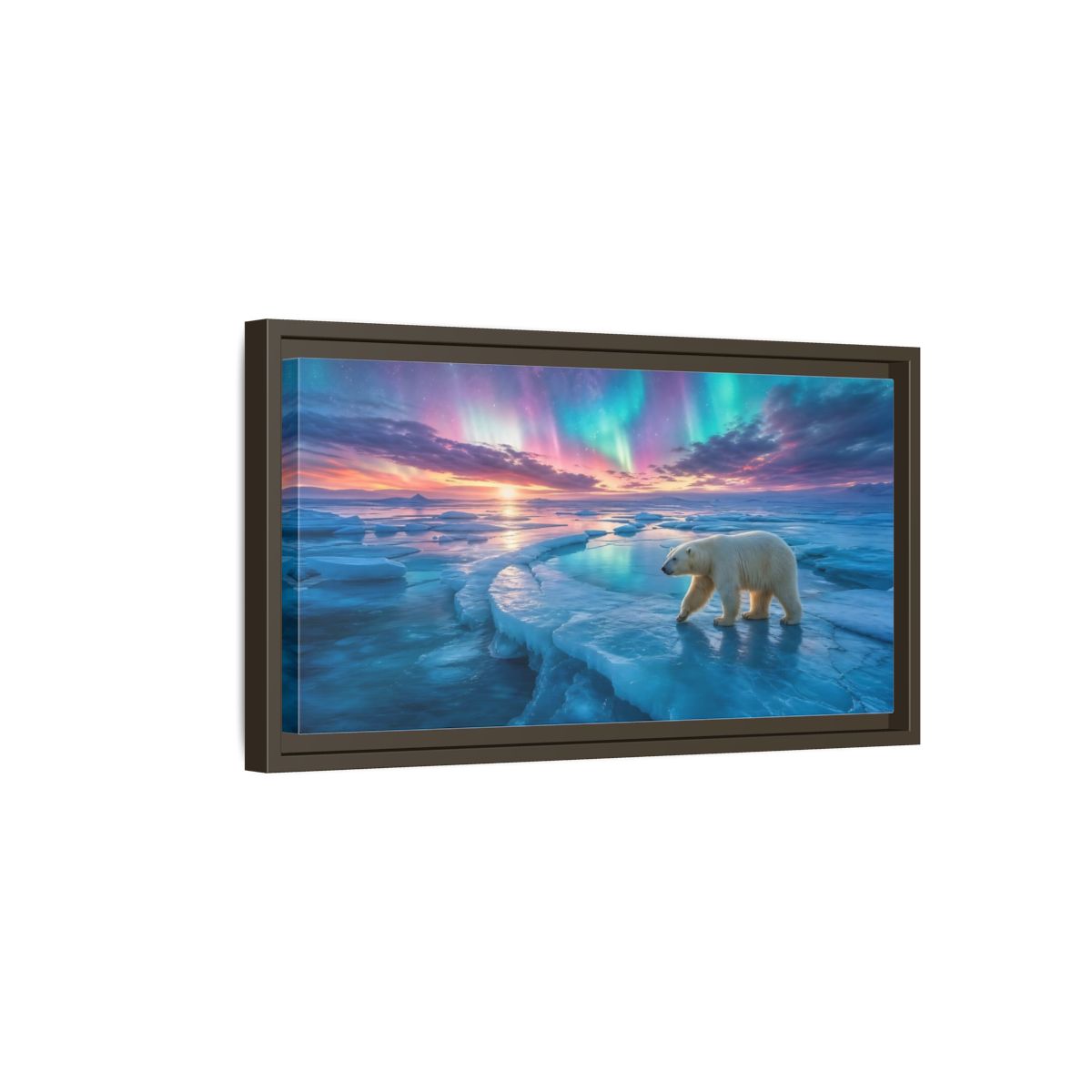Side Mockup 7. Nature Polar Bear Aurora Polar Bear shown as stretched canvas wall art