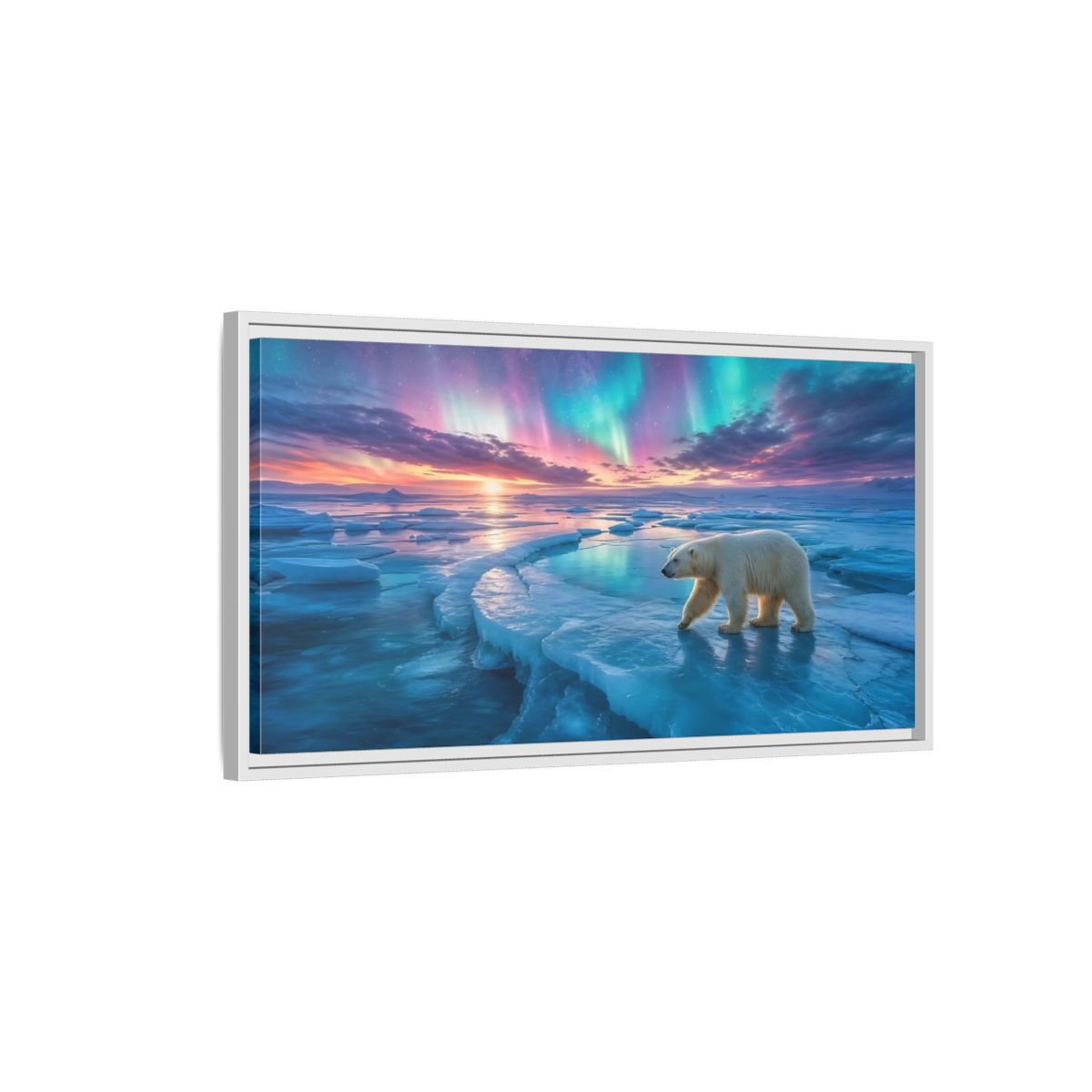 Side Mockup 1. Nature Polar Bear Aurora Polar Bear shown as stretched canvas wall art