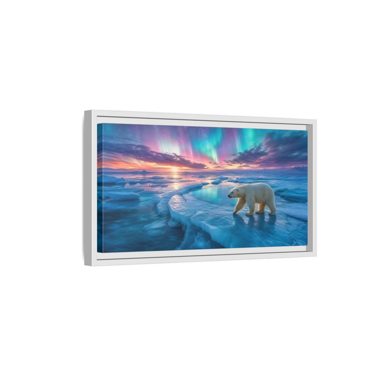 Side Mockup 6. Nature Polar Bear Aurora Polar Bear shown as stretched canvas wall art