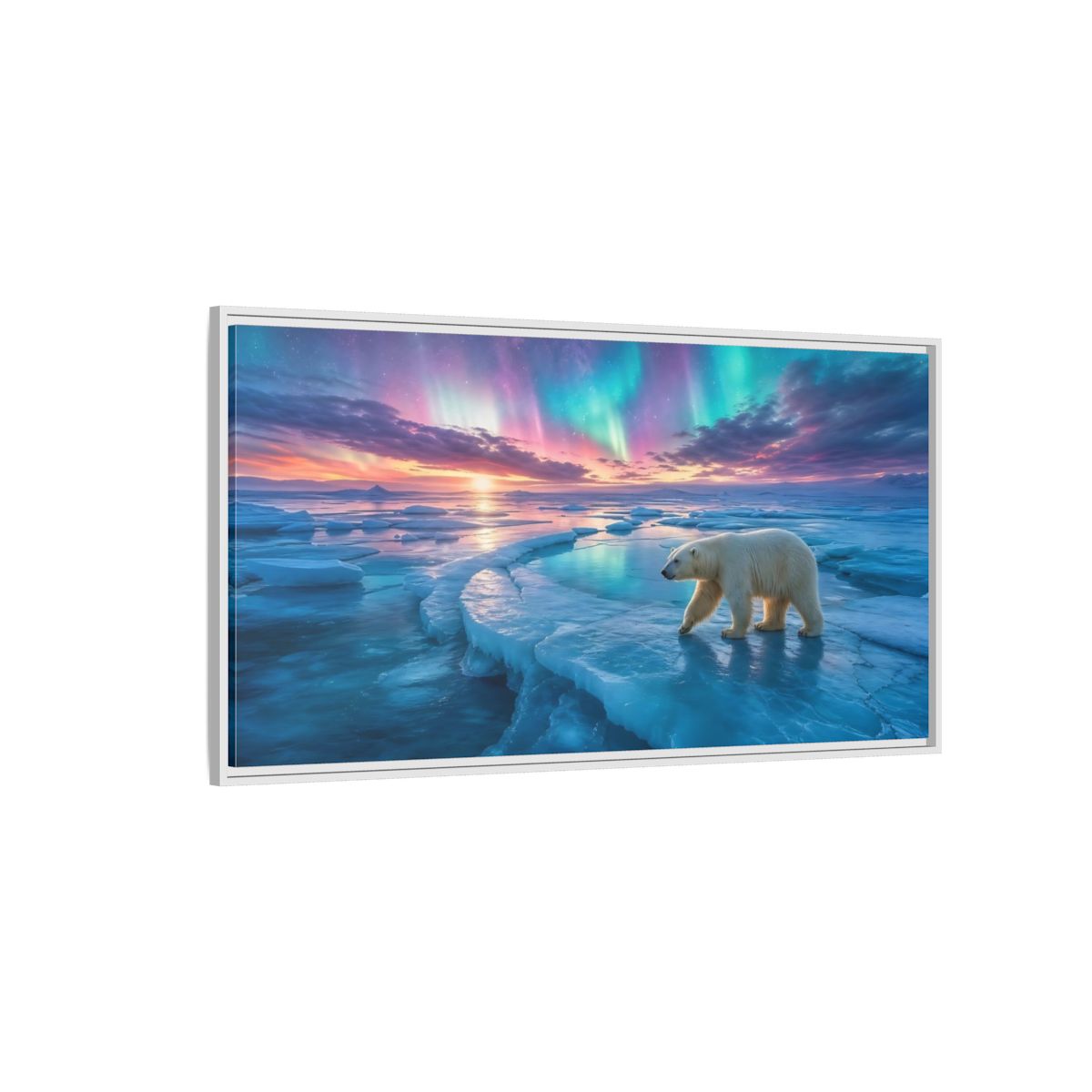 Side Mockup 3. Nature Polar Bear Aurora Polar Bear shown as stretched canvas wall art