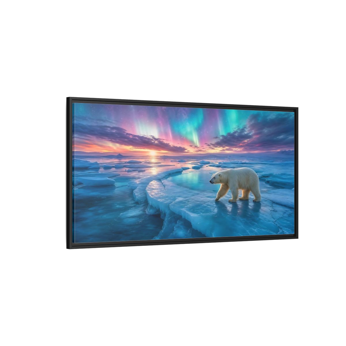Side Mockup 5. Nature Polar Bear Aurora Polar Bear shown as stretched canvas wall art