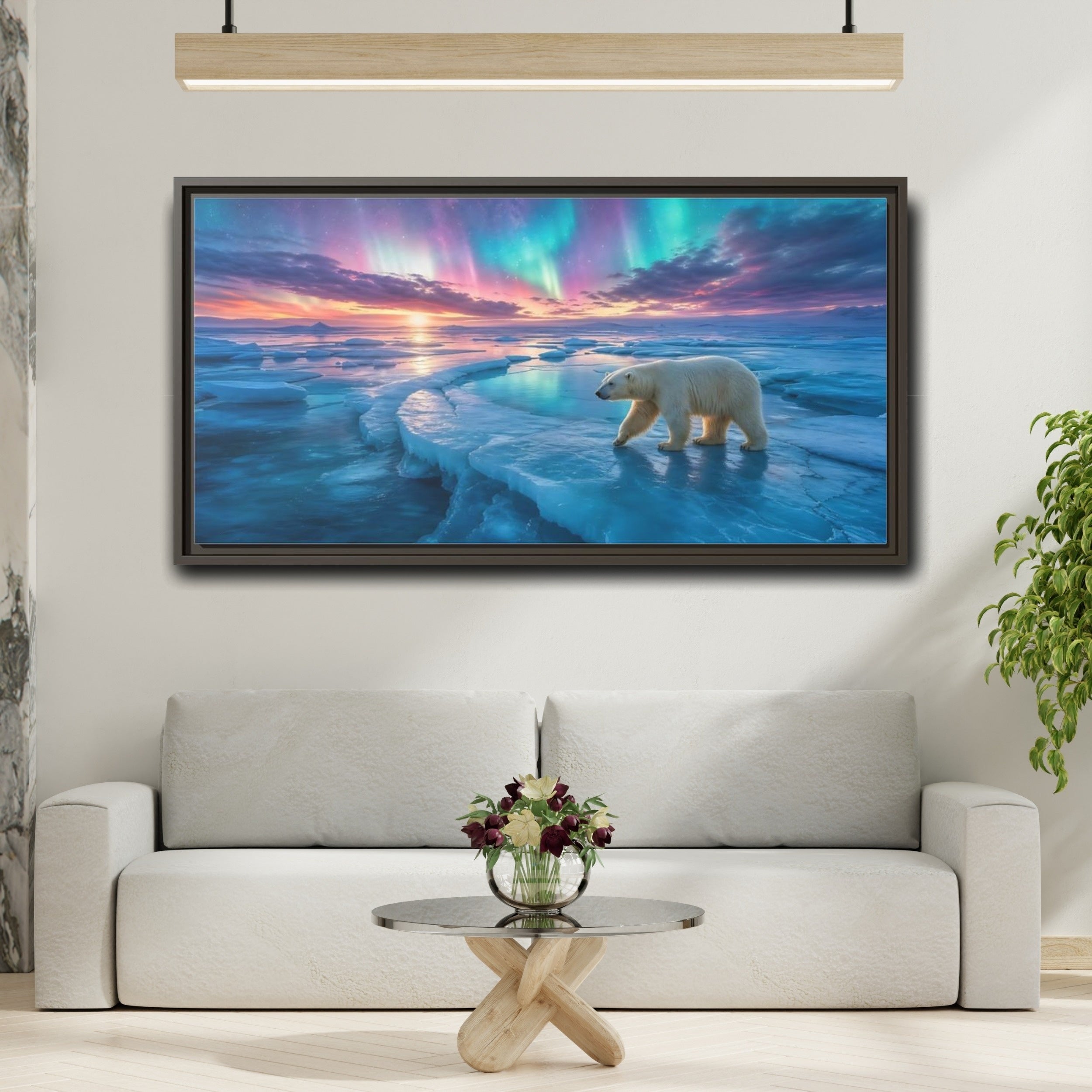 Mockup 2. Nature Polar Bear Aurora Polar Bear shown as stretched canvas wall art