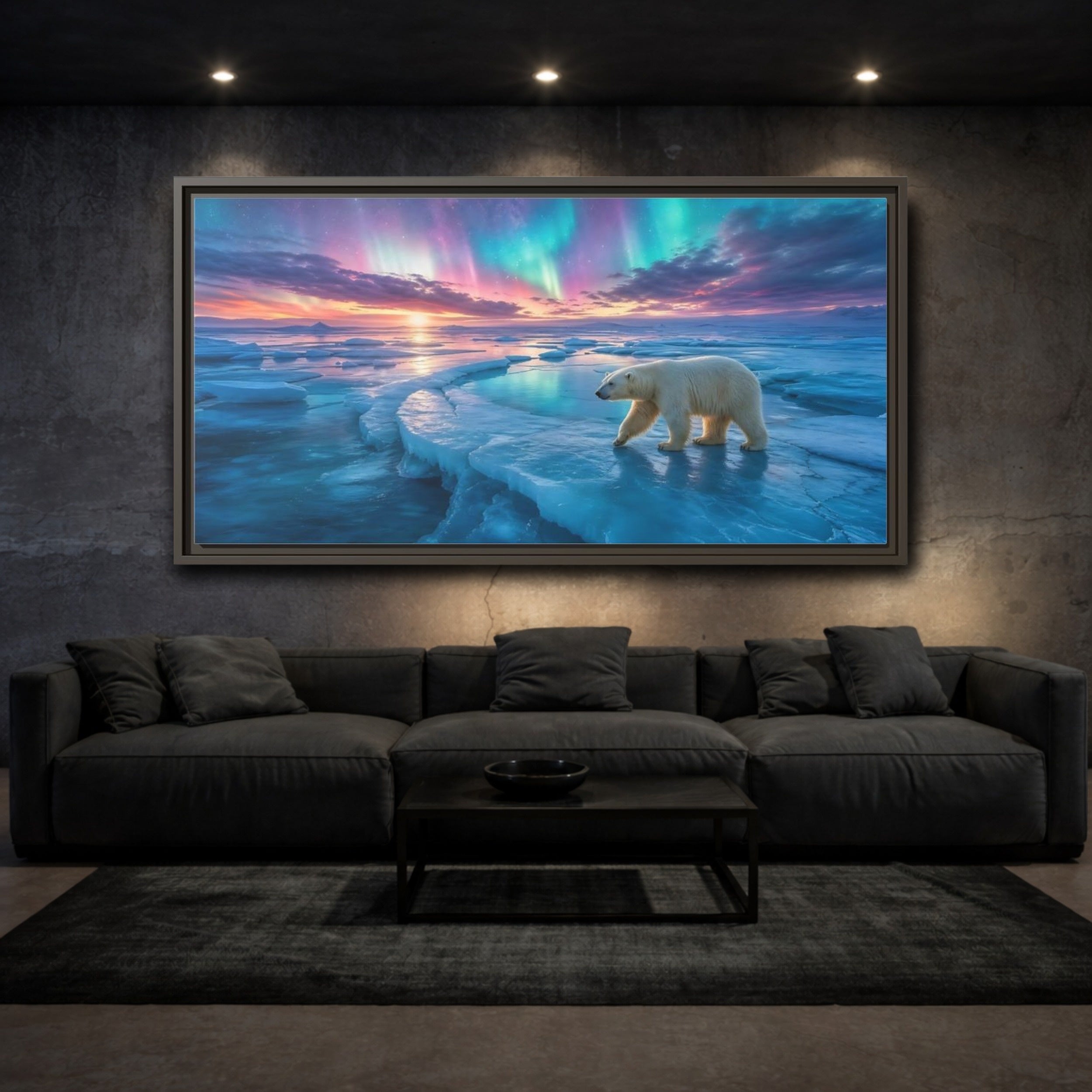 Mockup 3. Nature Polar Bear Aurora Polar Bear shown as stretched canvas wall art