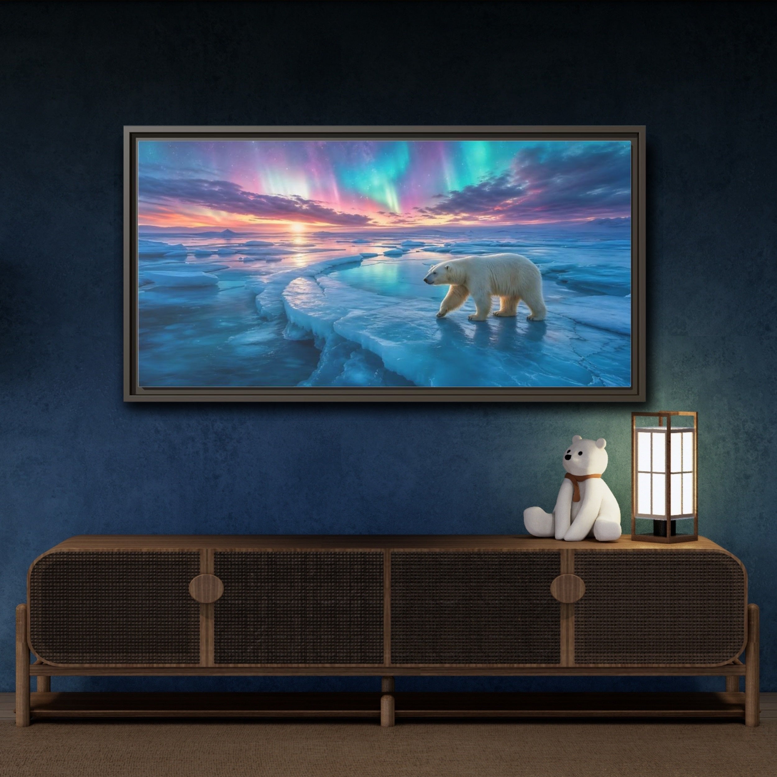 Mockup 4. Nature Polar Bear Aurora Polar Bear shown as stretched canvas wall art