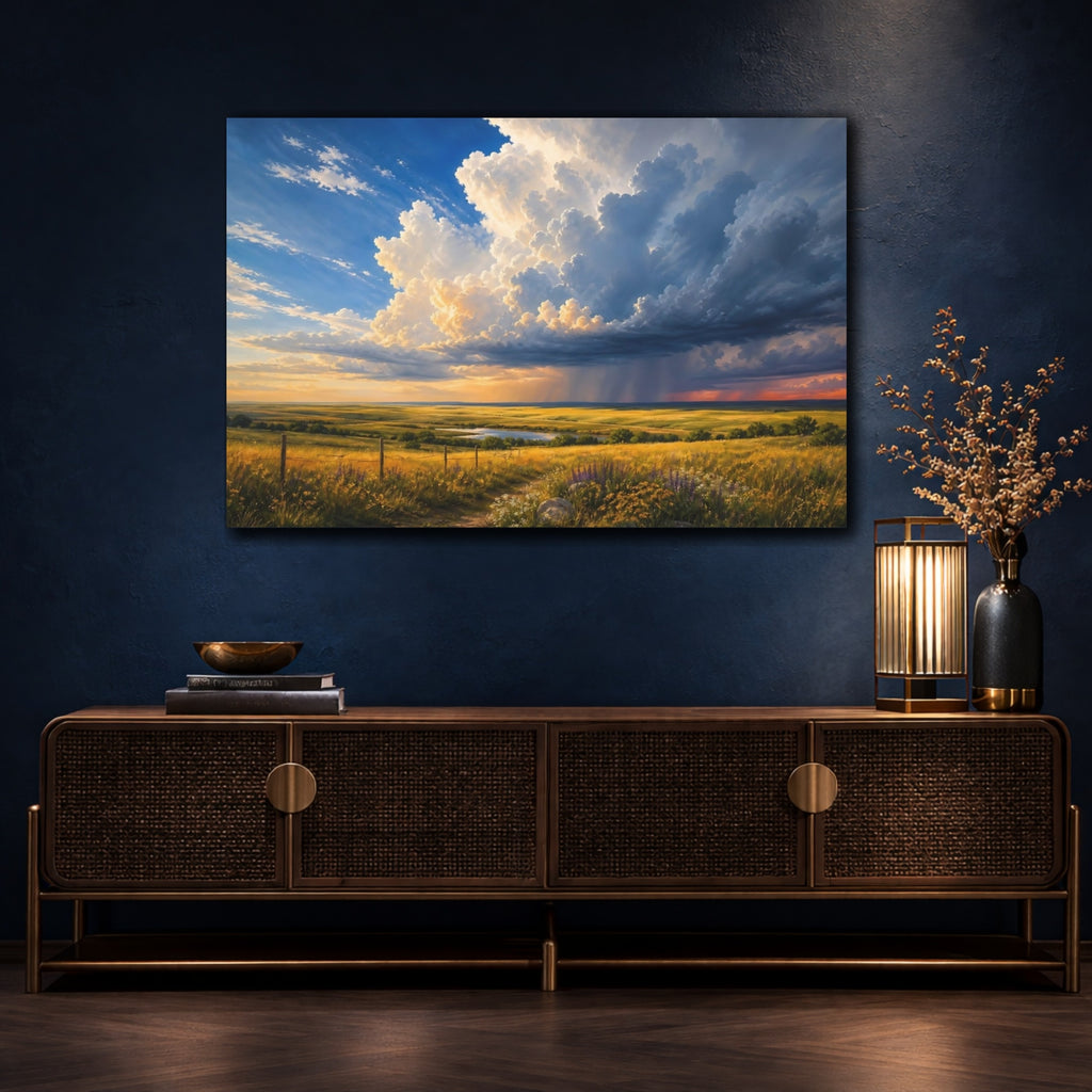Mockup 4. Nature Prairie Field Blue And Gold shown as canvas print