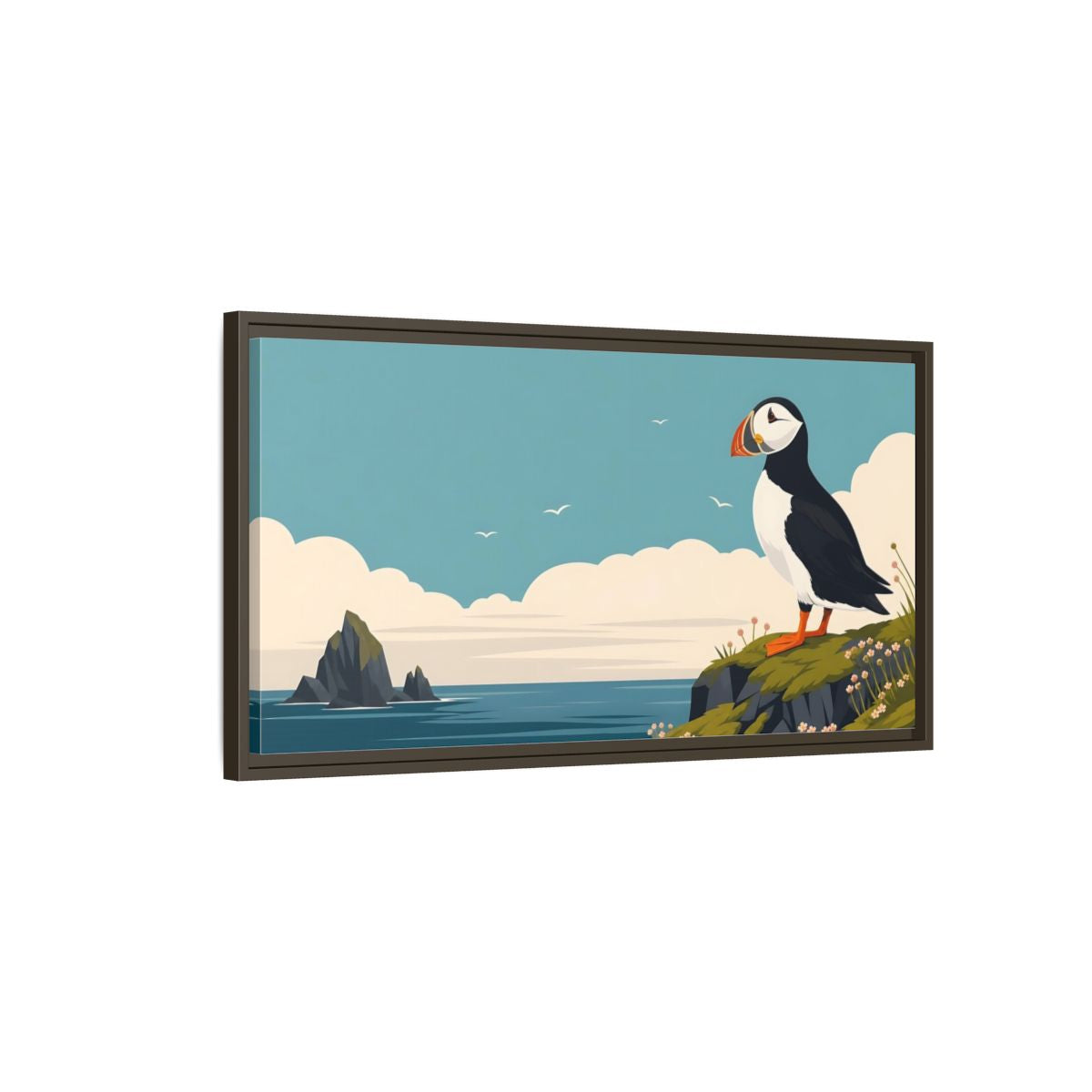 Main Mockup. Nature Puffin Blue And Orange shown as stretched canvas wall art