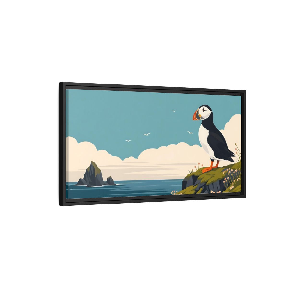 Side Mockup 2. Nature Puffin Blue And Orange shown as stretched canvas wall art