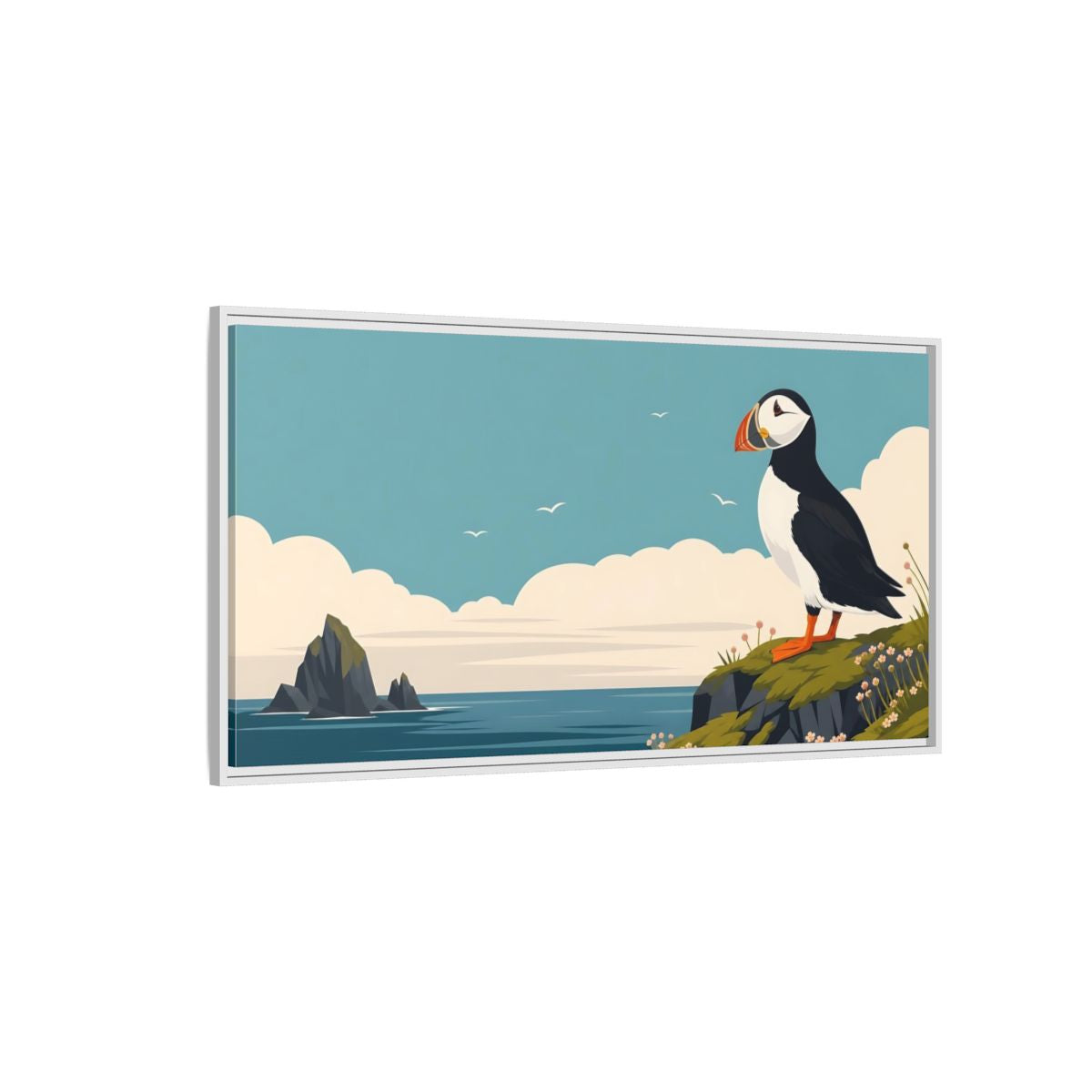 Side Mockup 3. Nature Puffin Blue And Orange shown as stretched canvas wall art