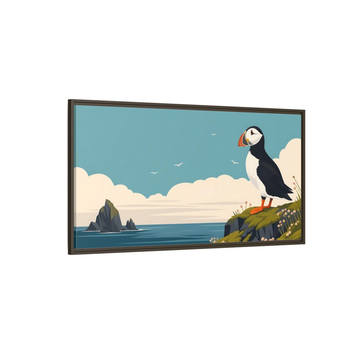 Side Mockup 4. Nature Puffin Blue And Orange shown as stretched canvas wall art