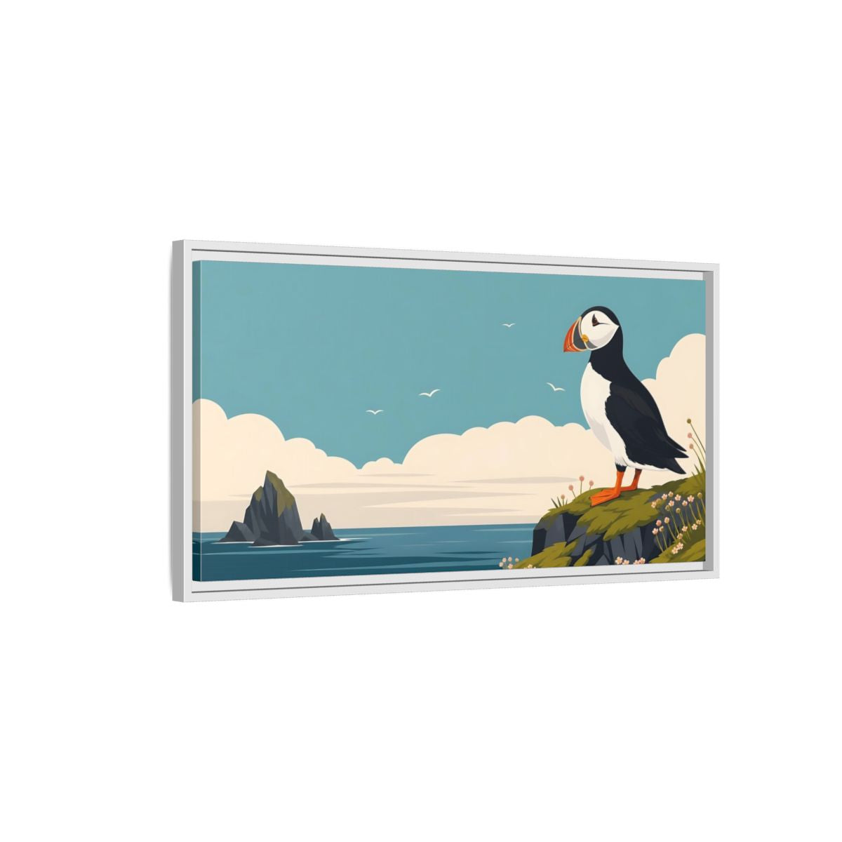 Side Mockup 1. Nature Puffin Blue And Orange shown as stretched canvas wall art