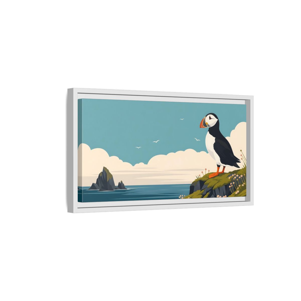 Side Mockup 6. Nature Puffin Blue And Orange shown as stretched canvas wall art