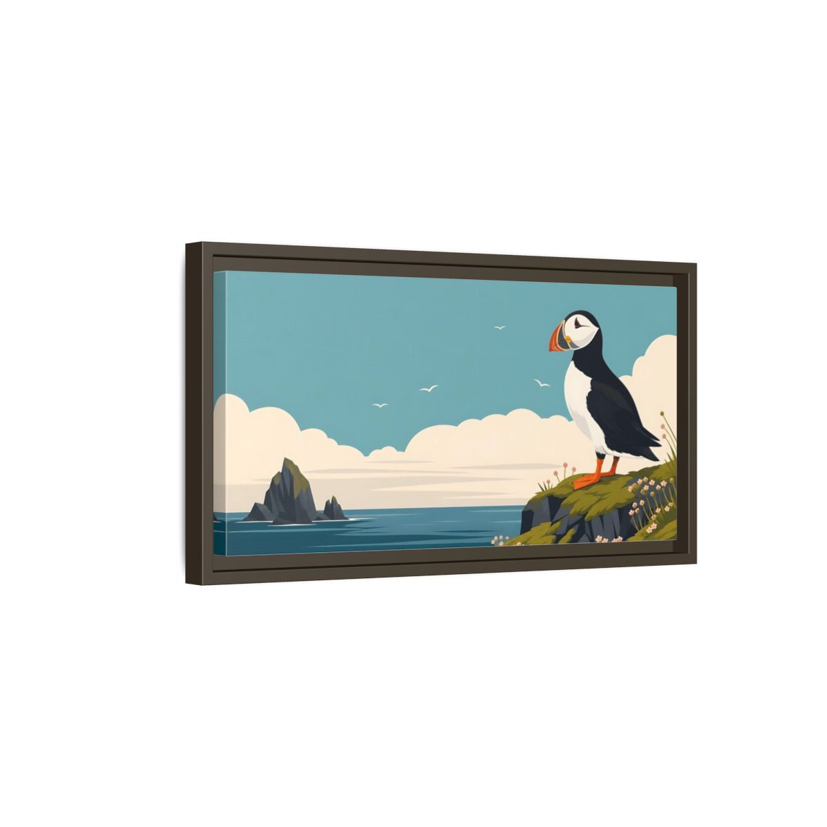 Side Mockup 7. Nature Puffin Blue And Orange shown as stretched canvas wall art