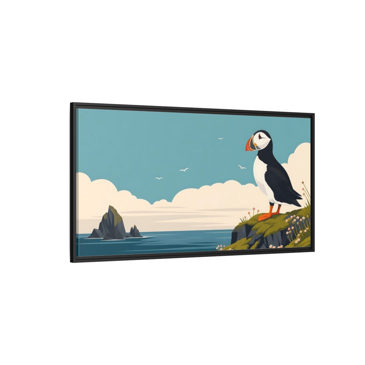 Side Mockup 5. Nature Puffin Blue And Orange shown as stretched canvas wall art