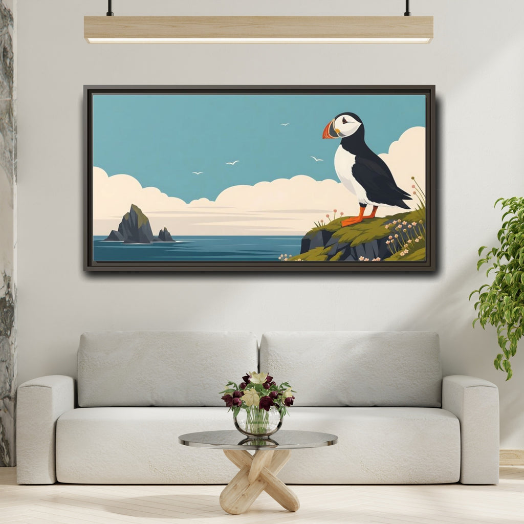 Mockup 2. Nature Puffin Blue And Orange shown as stretched canvas wall art